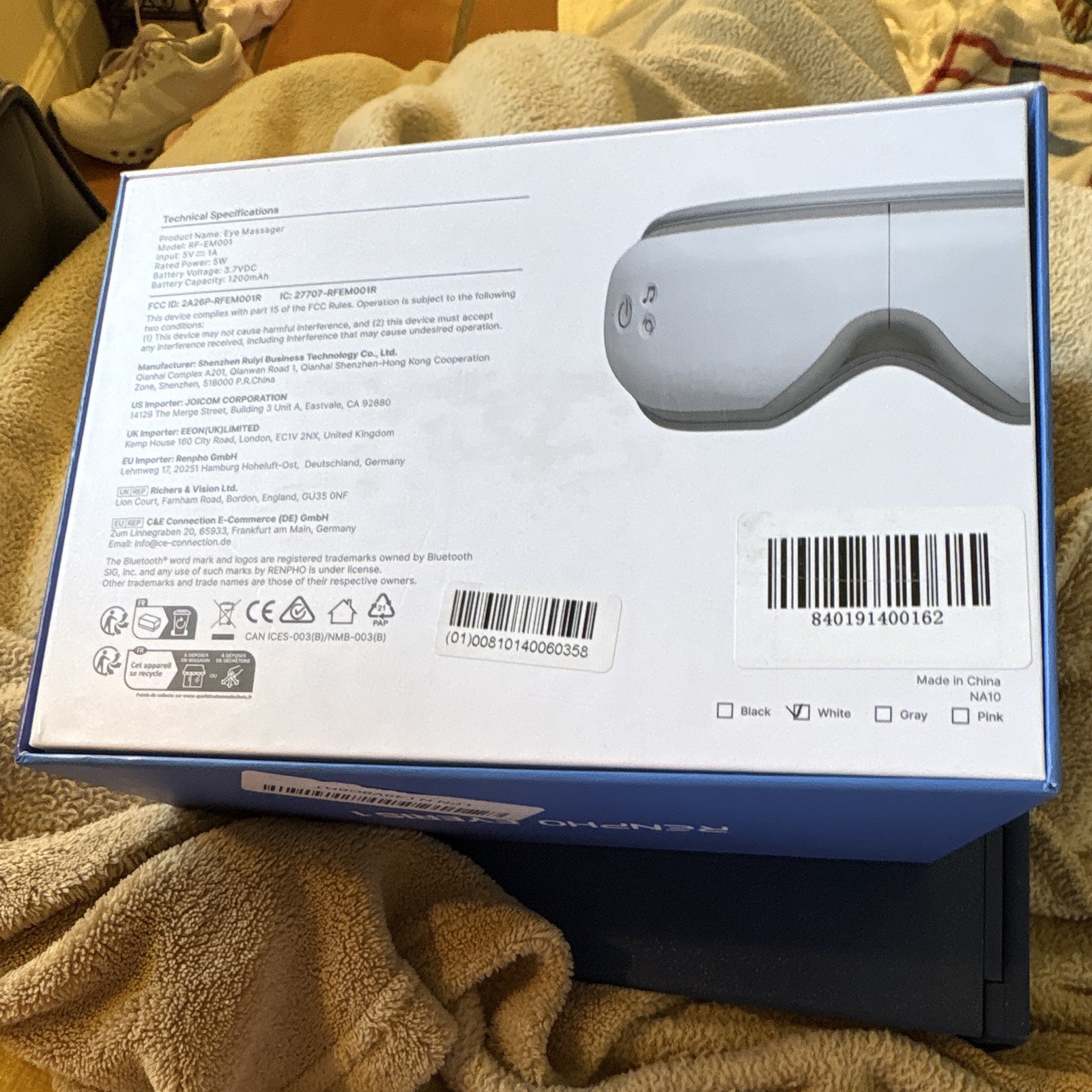 RENPHO Eyeris 1 Electric Eye Massager Bluetooth Heated Foldable White/Gray
