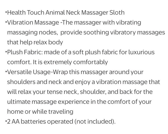 Plush Sloth Vibrating Neck Massager Pillow Wrap Soft Portable Muscle Relax Gift