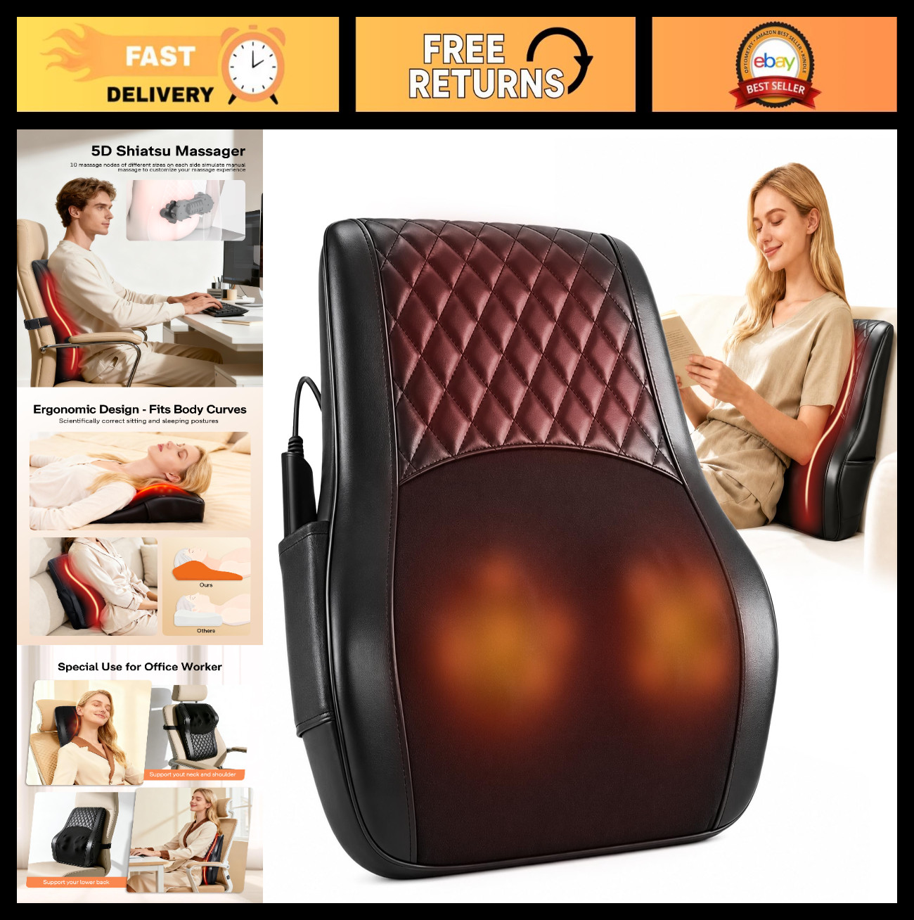 Heated Back Massager Pillow for Pain Relief – Deep Tissue Shiatsu, 3 Modes & Int