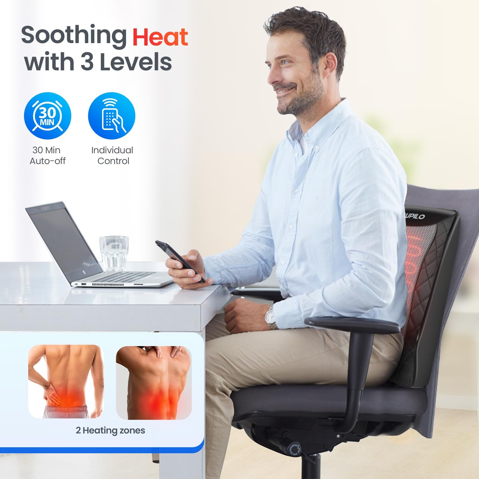 Espalda Masajeador con calor Silla Almohadilla de masaje para aliviar el dolor