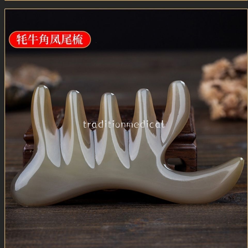 天然白牦牛角头部按摩经络梳 Natural white yak horn head massage meridian comb Gua Sha board