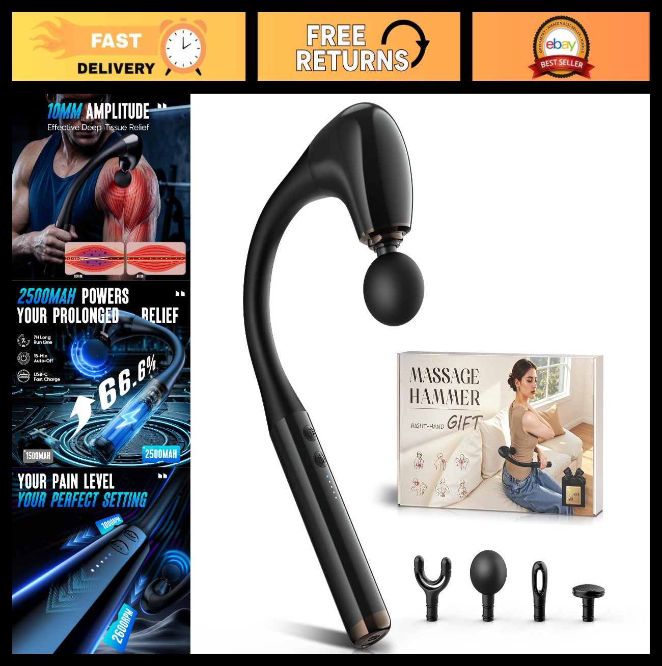 Deep Tissue Massage Gun with Extension Handle, Portable Pain Relief Massager for