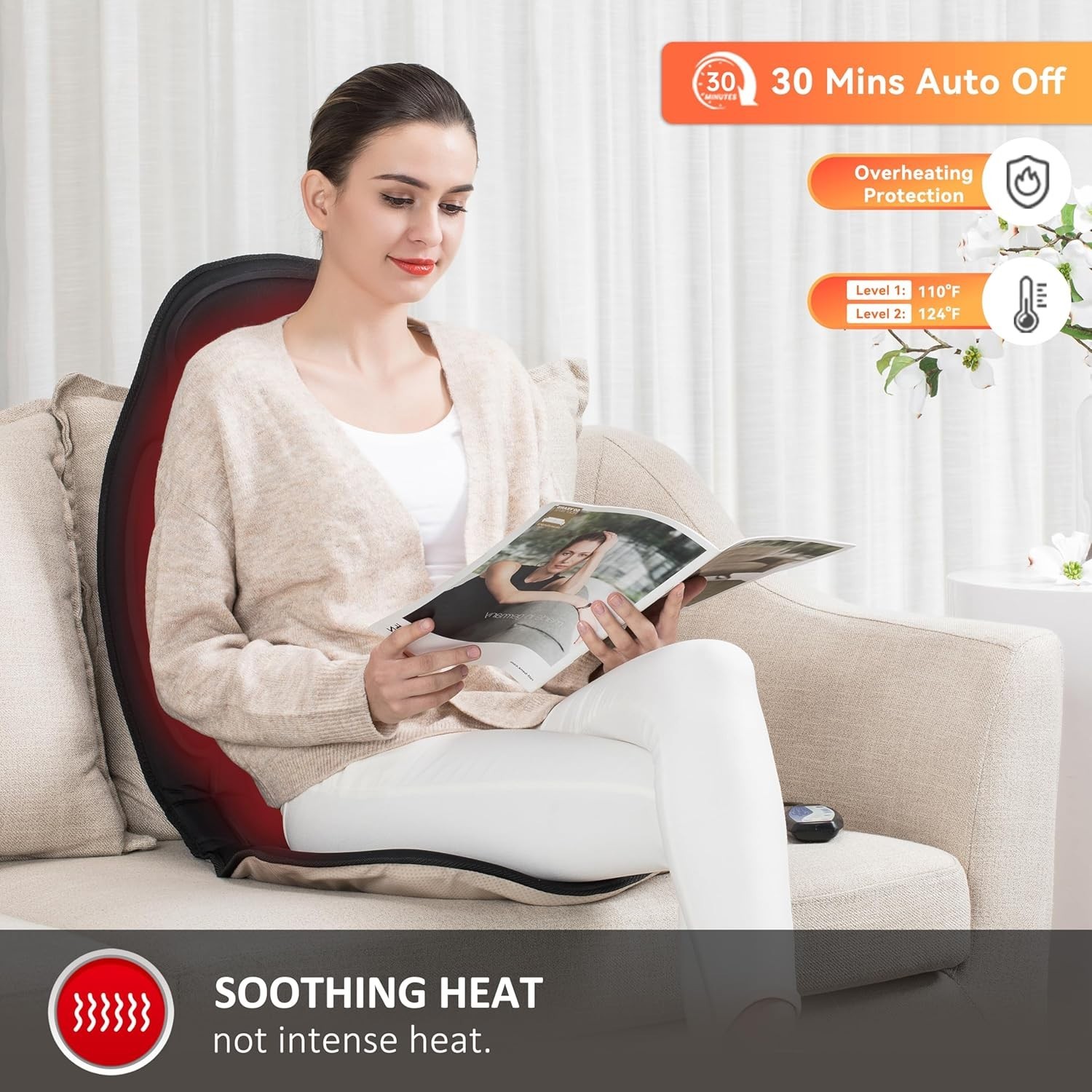 Ergonomic Back Massager with Gentle Heat – 6 Vibration Settings for Home/Office