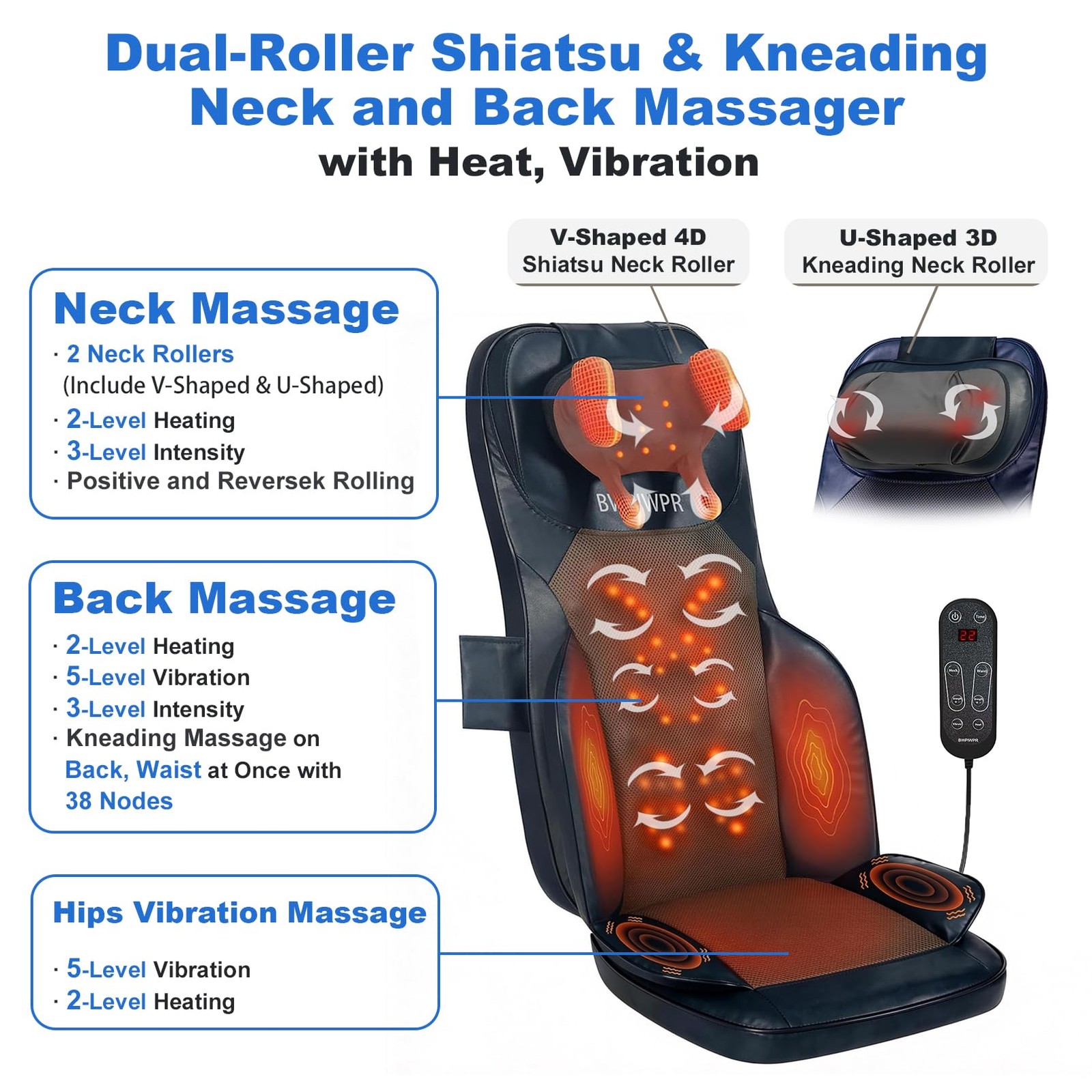 BWPIWPR Shiatsu Massage Cushion for Neck and Back with Heat – 4D Kneading, Vi…