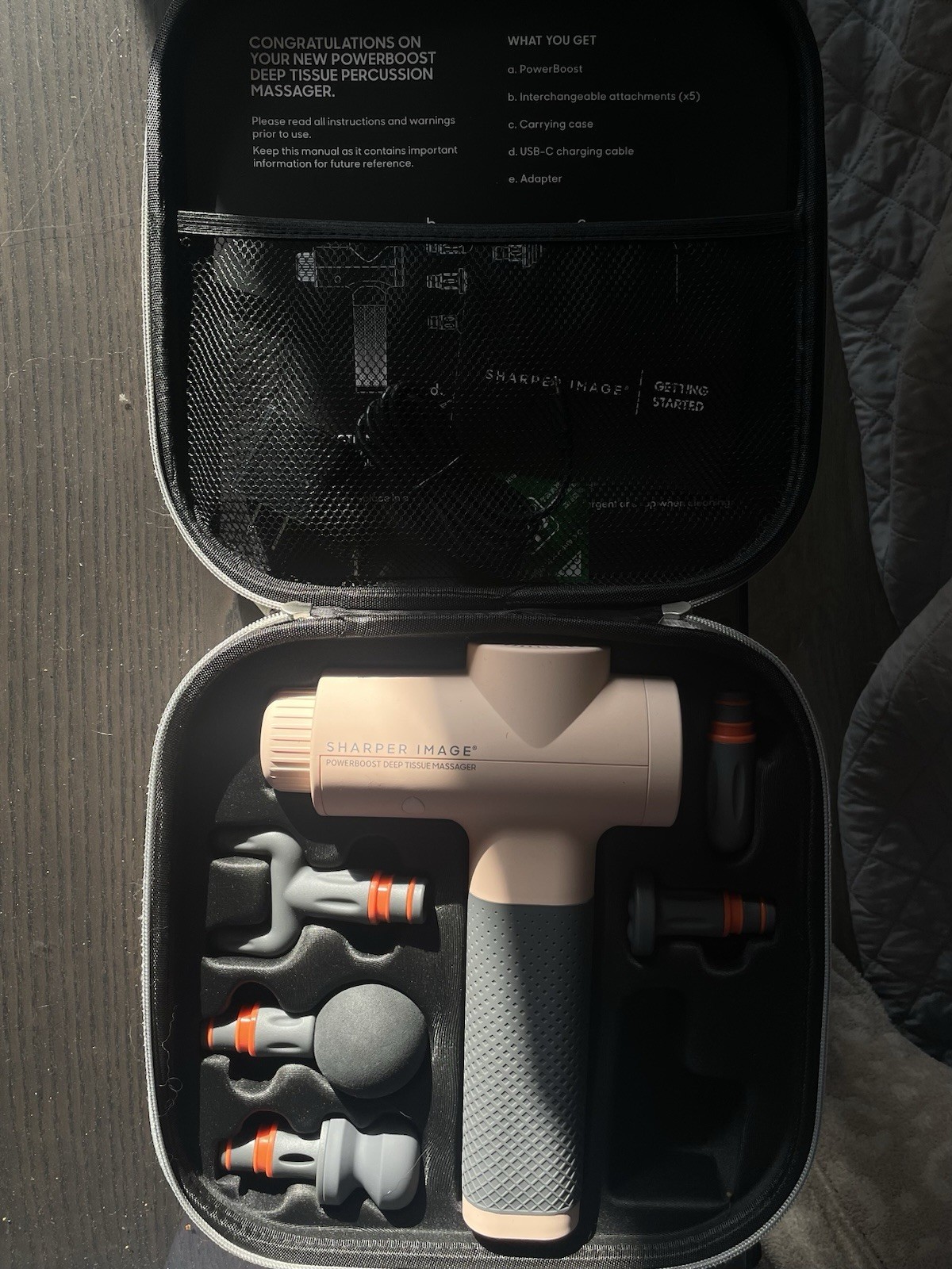 Sharper Image PowerBoost Percussion Massage Gun Cordless Handheld 5 Heads Case