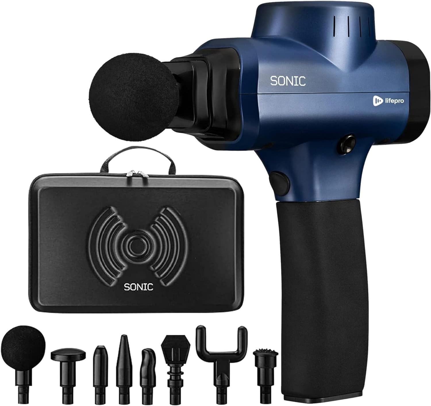 Life Pro Sonic Handheld Percussion 5-Speed Massage Gun – 7 Massage Heads – Blue