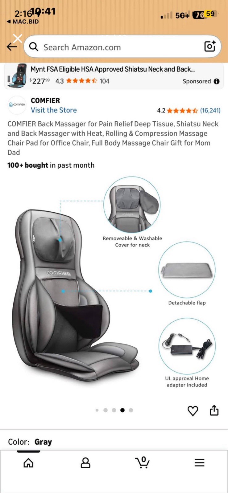 Mynt Shiatsu Massage Cushion for Neck & Back w/ Heat Remote, Gray