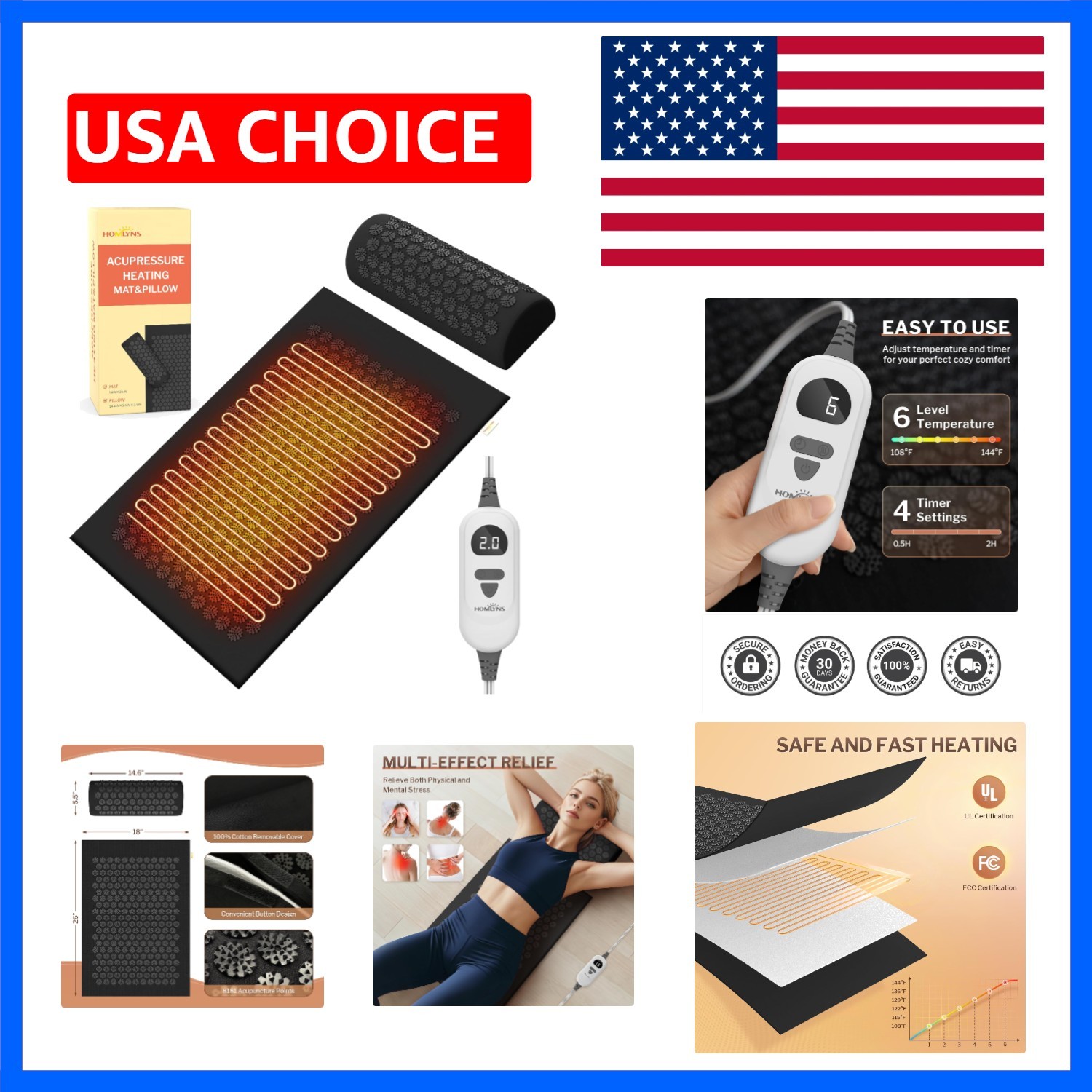 Heated Acupuncture Mat – 6 Heat Levels with 2 Hours Auto Off and 4 Adjustable…