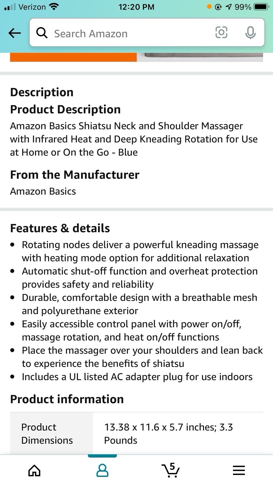Amazon Basics Shiatsu Heated Neck Shoulder Back Massager Blue Deep Kneading