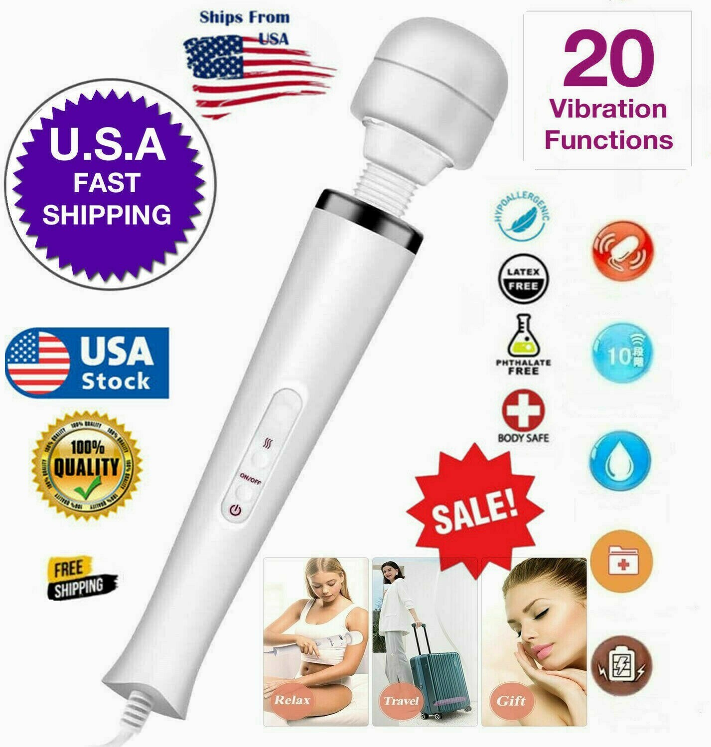 Corded Handheld Massager Full Body Vibrating MassageTherapy Motor 20Speed