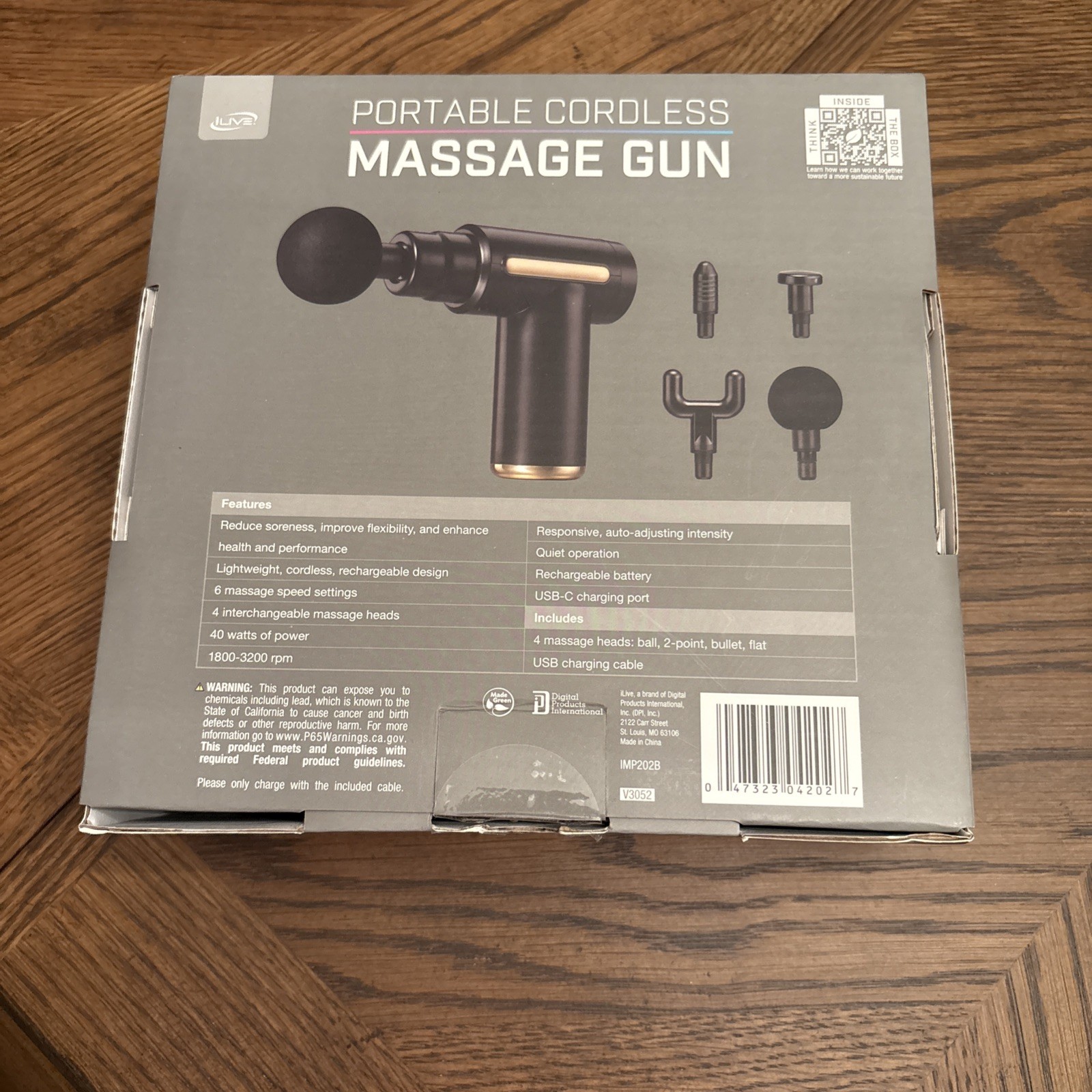 Portable Cordless Massage Gun – 4 Massager Heads / 6 Speed Options / NEW