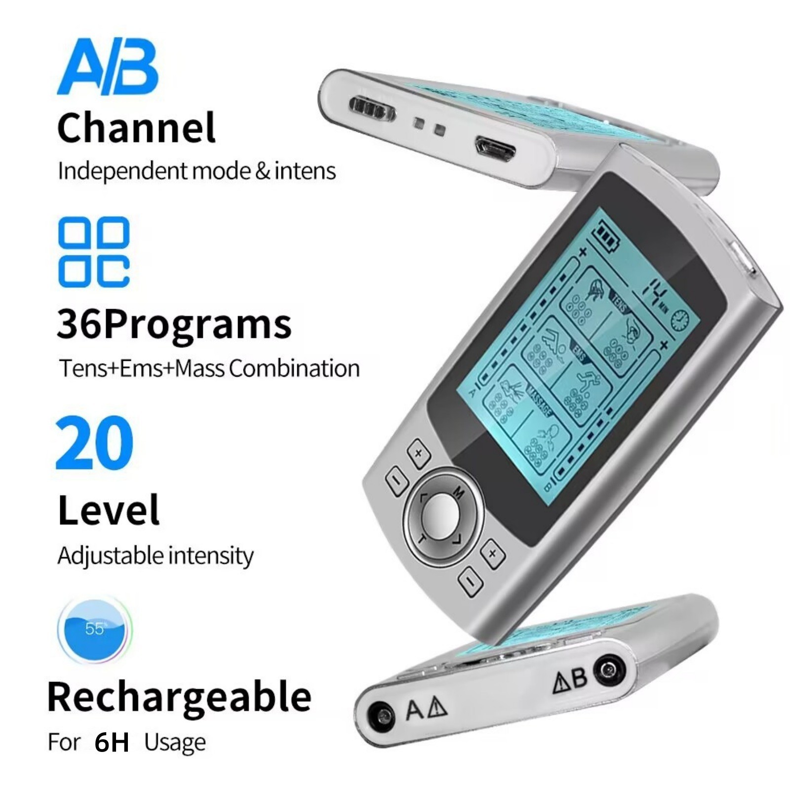 Silver Tens Unit Muscle Therapy Pain Relief Stimulator Machine Pulse Massager