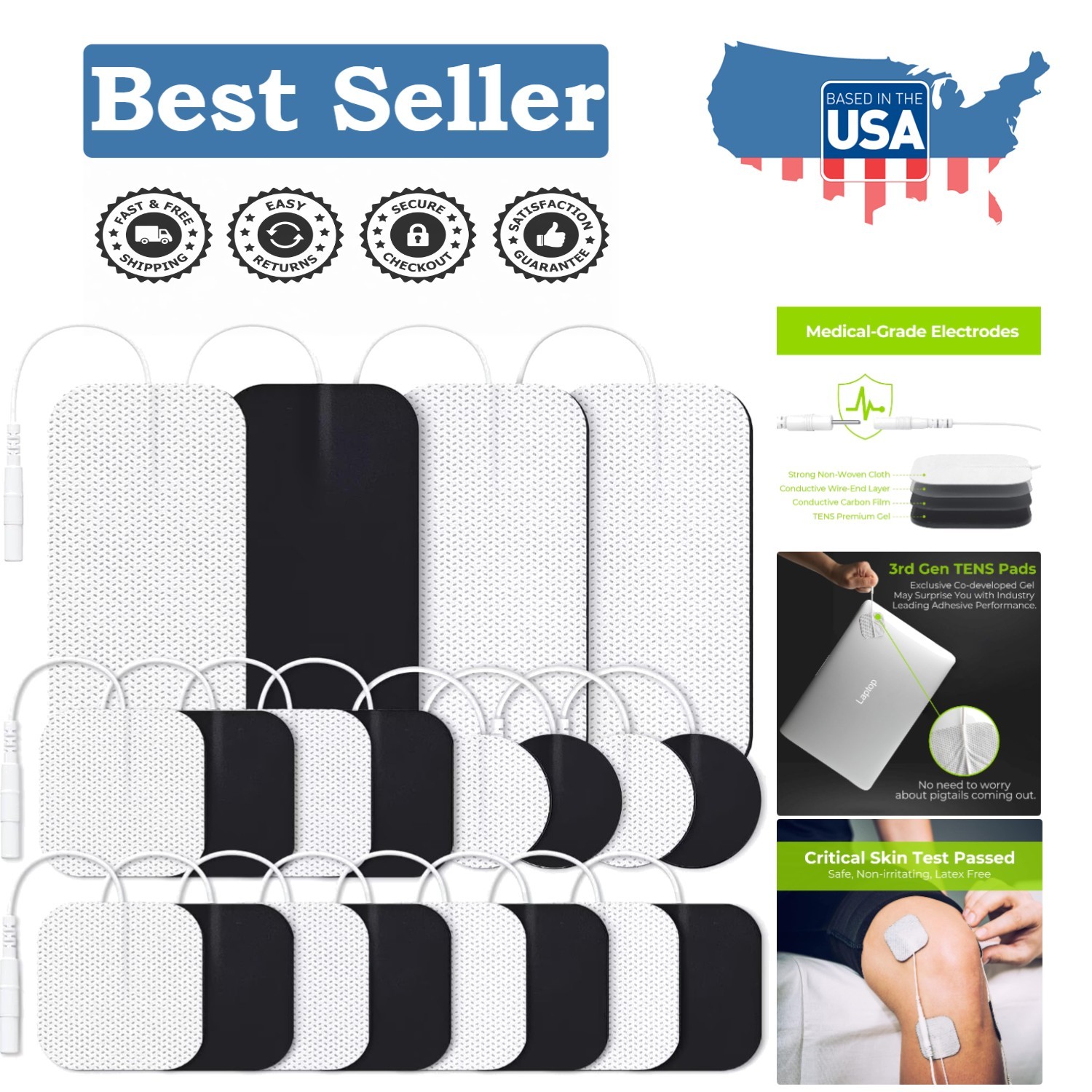 Reusable 20-Pack TENS Electrodes – Skin-Friendly and Compatible with 2mm Devices