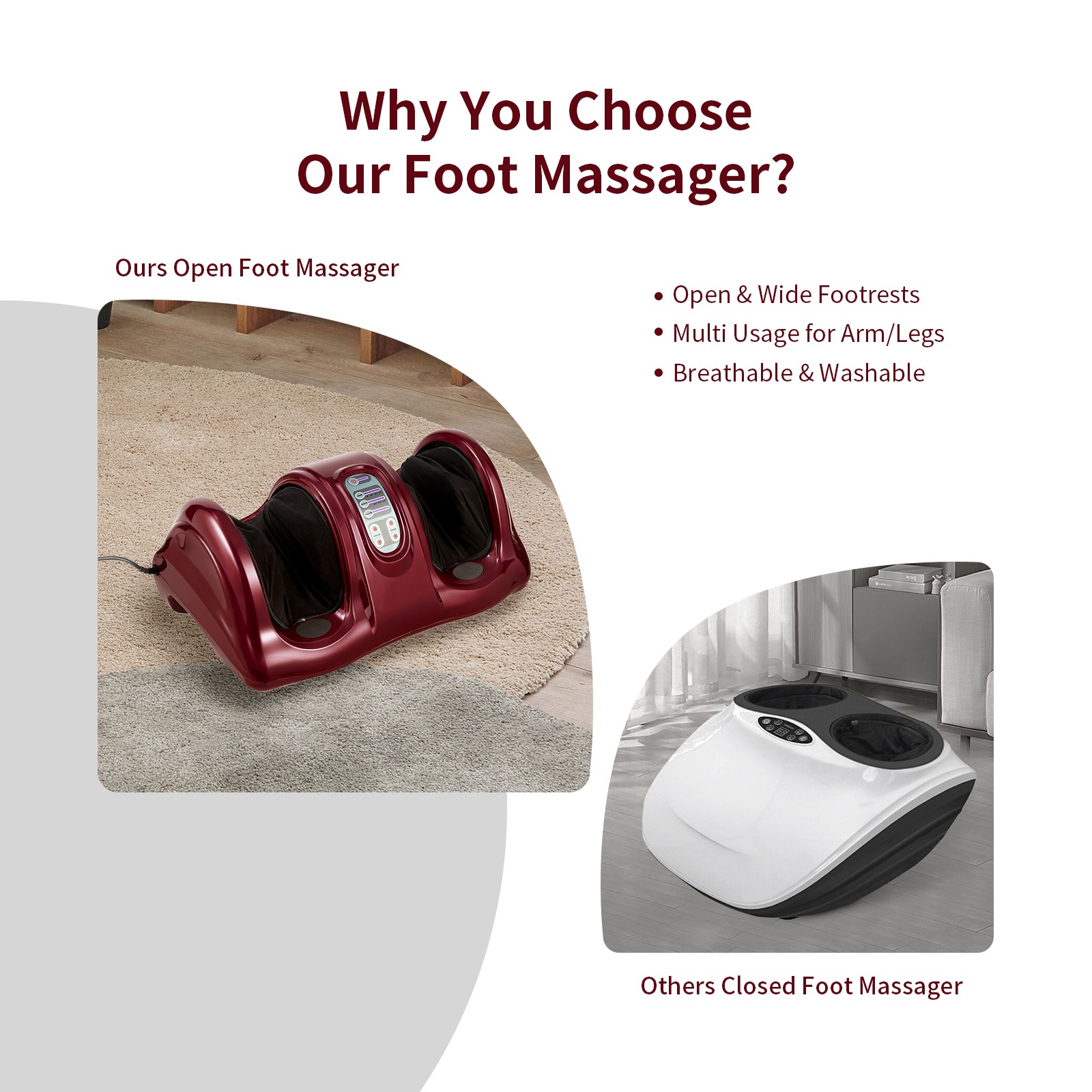 Electric Shiatsu Foot Massager Kneading and Rolling Leg Ankle w/Remote Burgundy