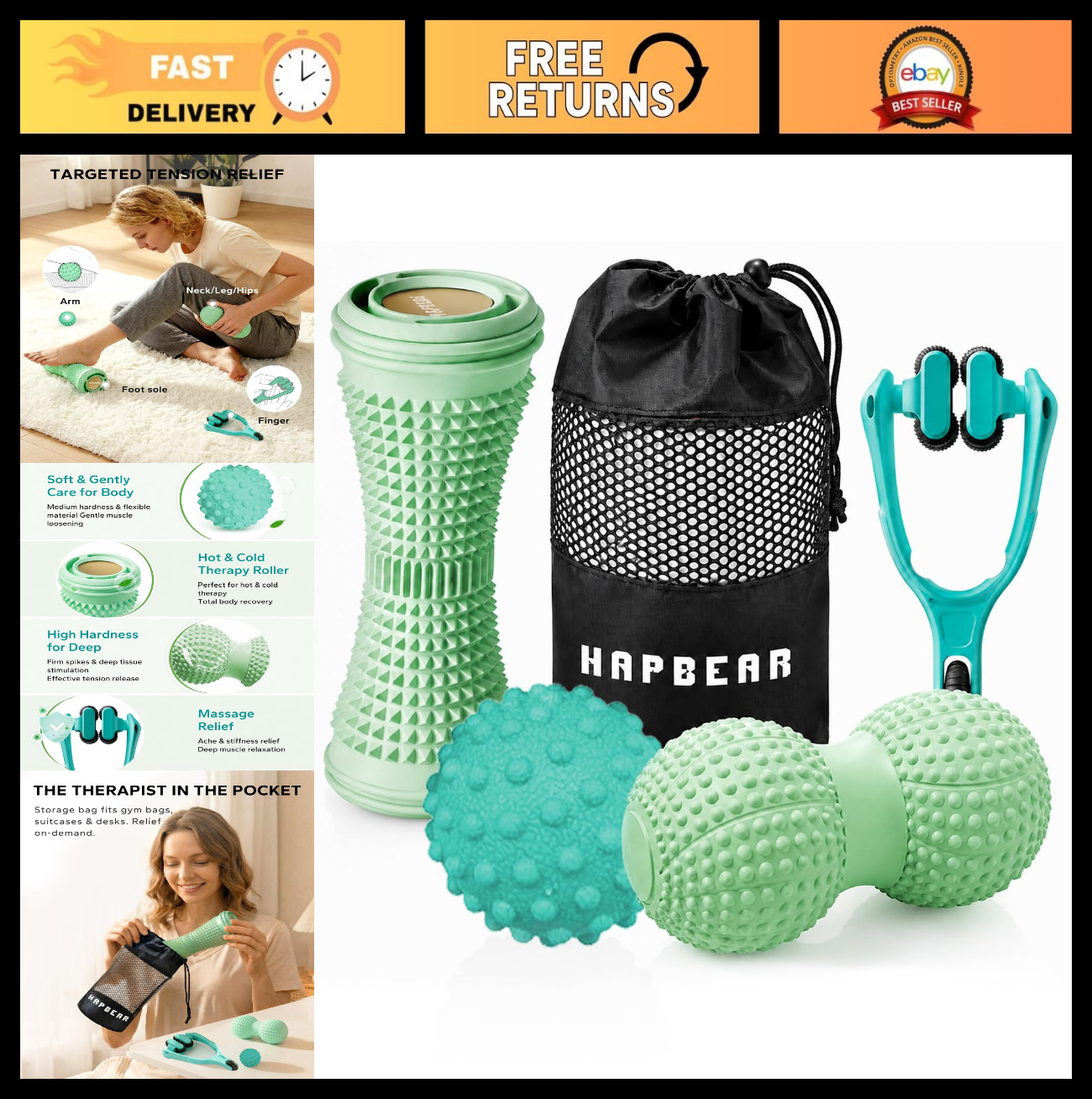 4-Piece Massage Ball Set – Foot Roller, Peanut & Spiky Balls, Finger Massager –