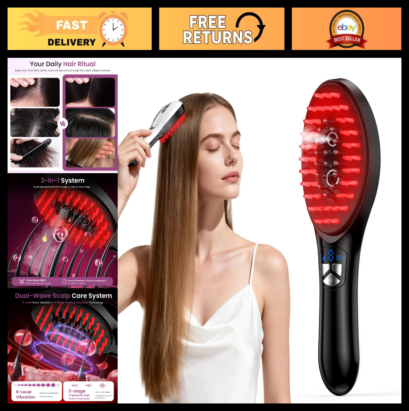 6-in-1 Rechargeable Scalp Massager Brush – Vibration, Oil Applicator & Nano Mist