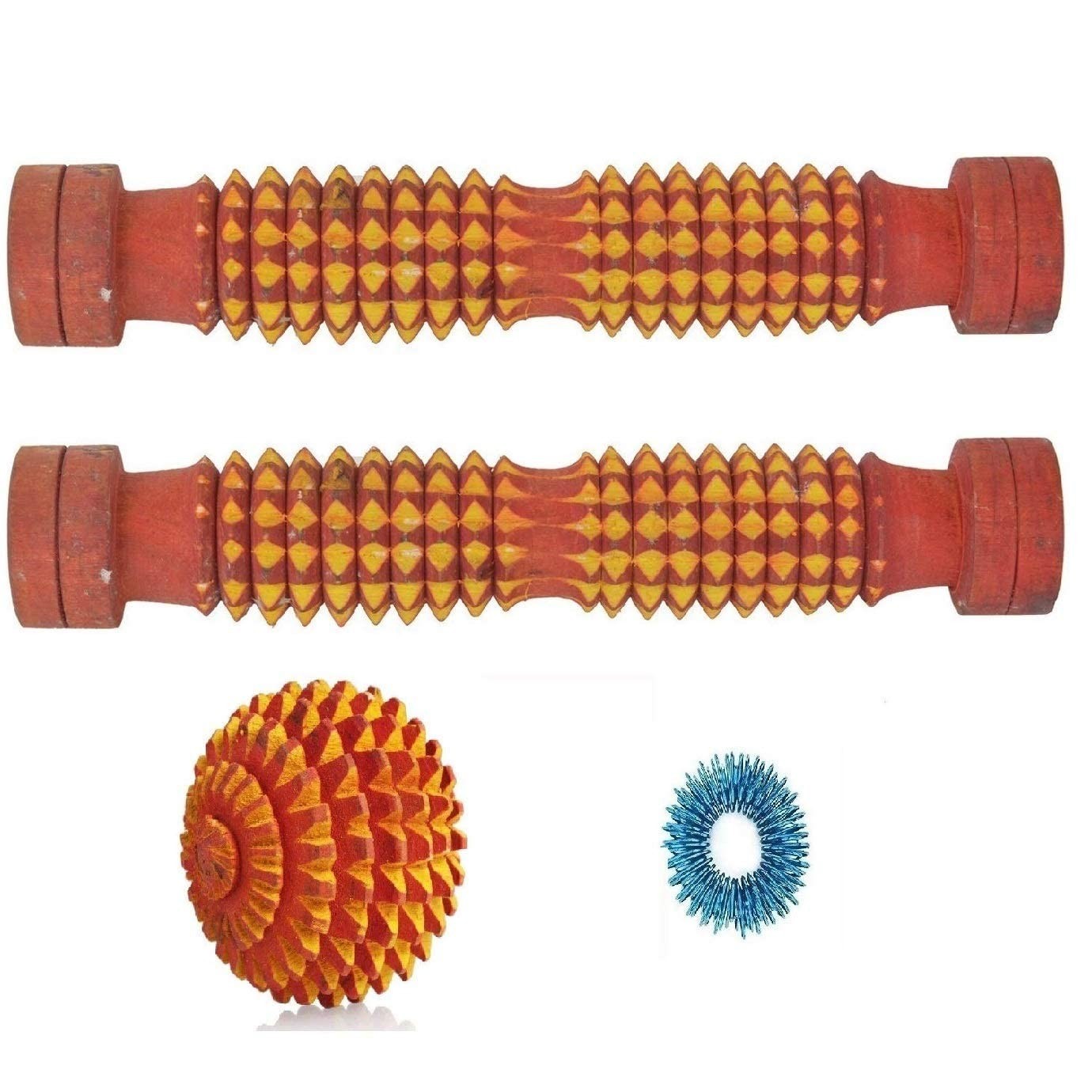 Combo Pack Of 4 Item Wooden Foot Roller 2 SuJok Ring 1 Ball Kit Multicolor