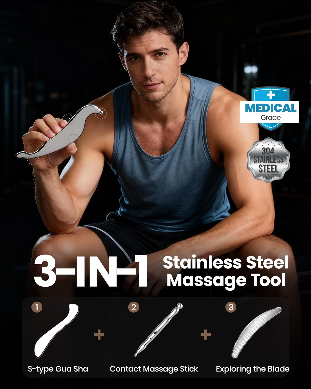 lifechill 3-in-1 Stainless Steel Gua Sha Tool, One Size Fits All, Silver