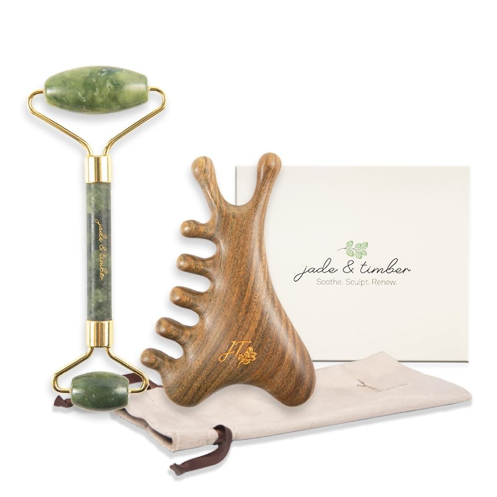 Jade Roller & Green Sandalwood Gua Sha Set – Facial Massage Tools for Lymphatic