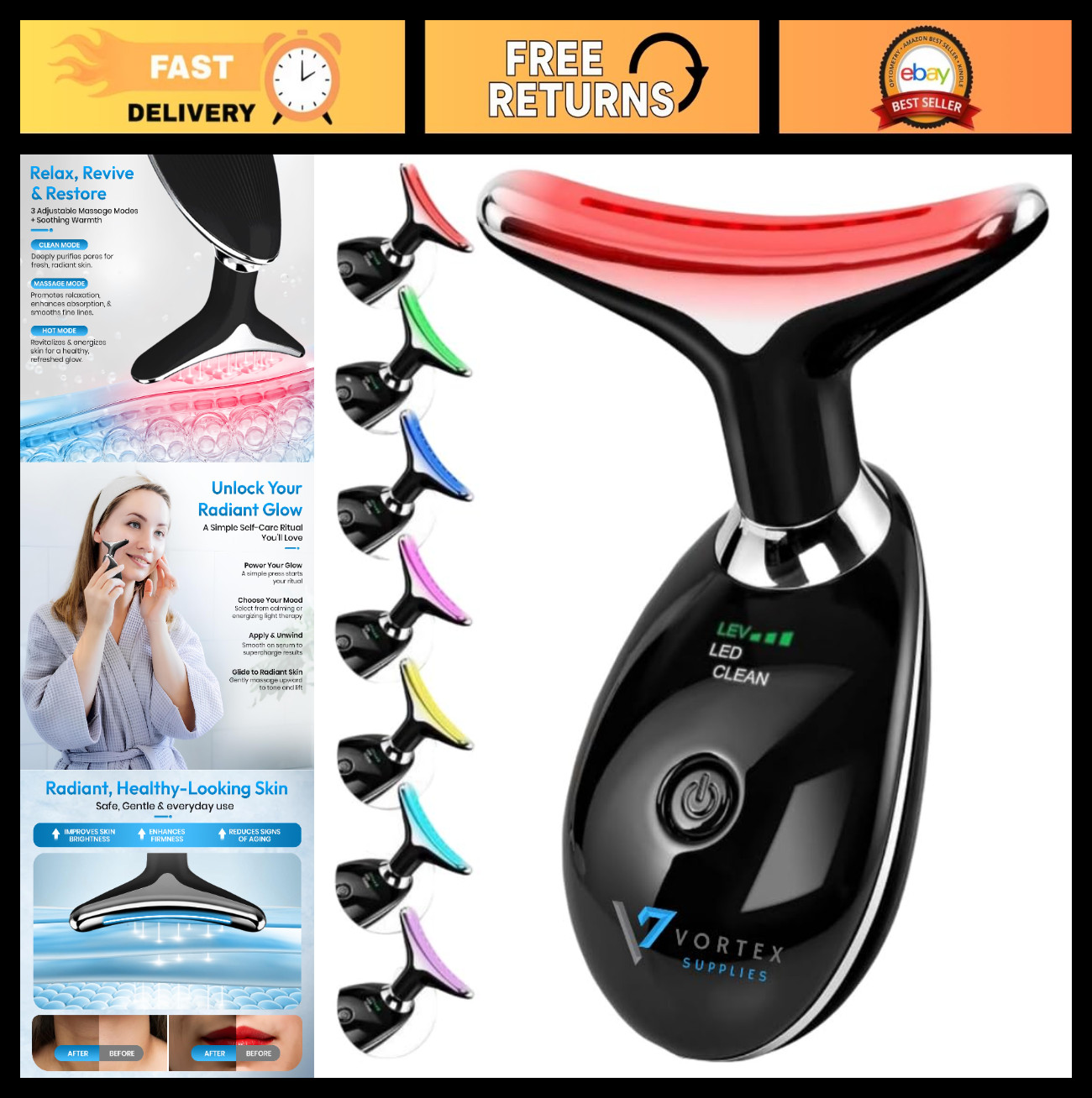 7-in-1 LED Face & Neck Massager – Anti-Aging, Skin Firming, Vibration & Heat Too