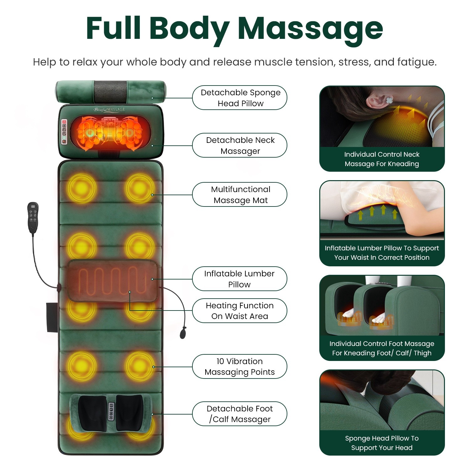 Full Body Massage Mat Heating Vibration Massage Cushion w/ Smart Timer