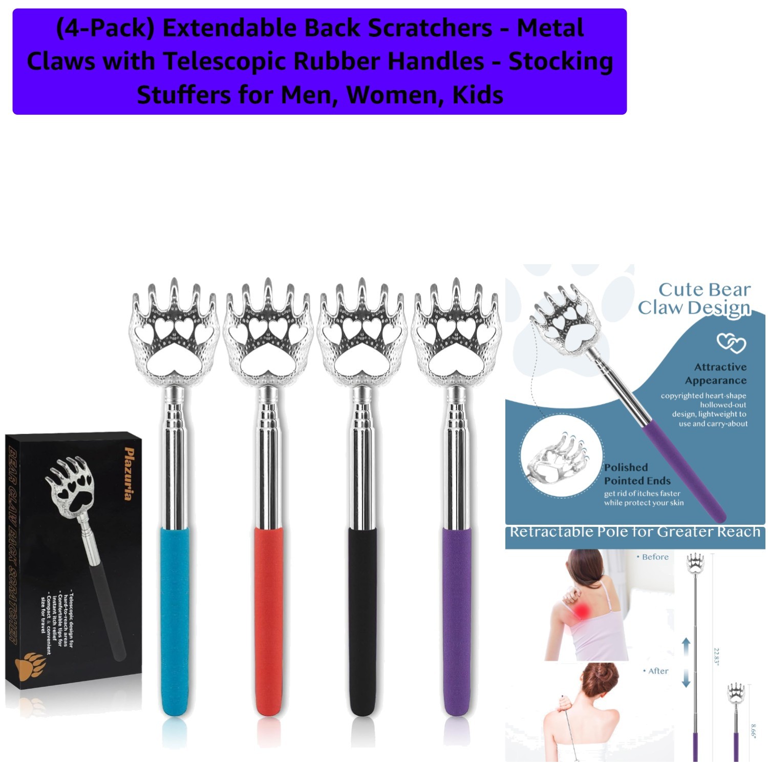 4-Pack Modern Extendable Back Scratchers – Stylish Metal Claws & Rubber Handles