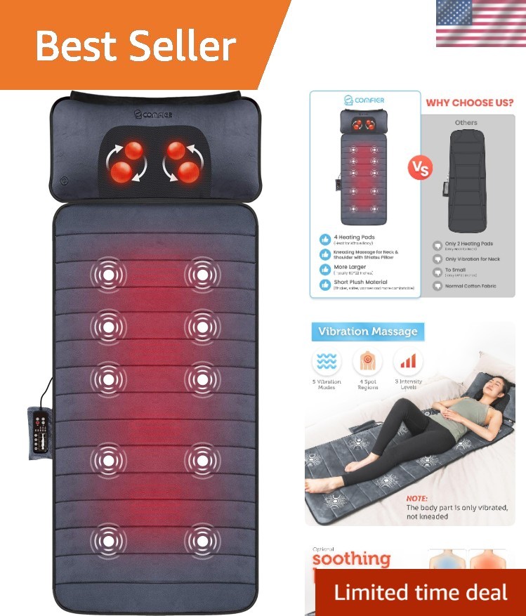 Shiatsu Full Body Massage Mat with 10 Vibrating Motors & Movable Neck Pillow