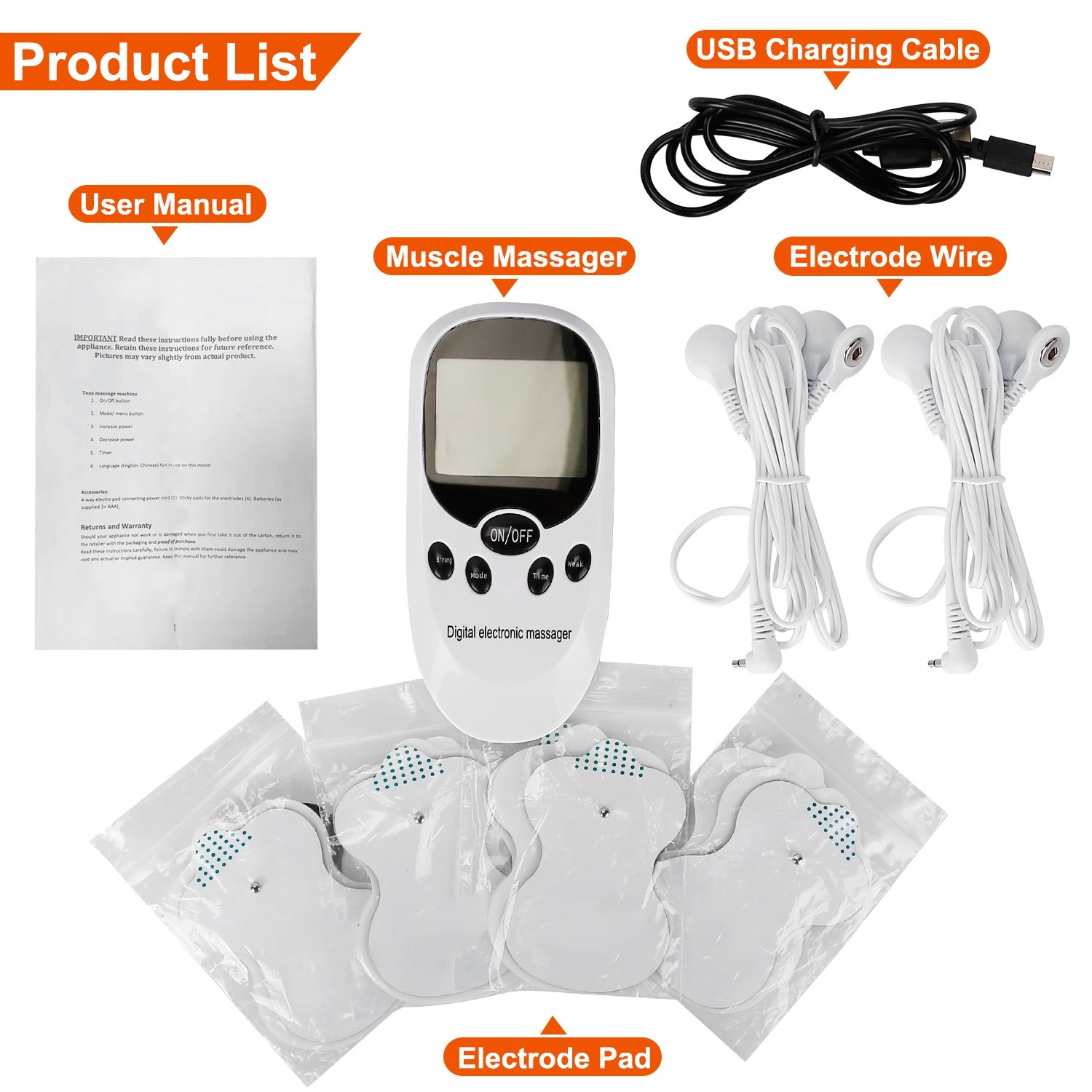 Tens Massager Electric Muscle Stimulator Dual Channels With 8 Electrode Pads