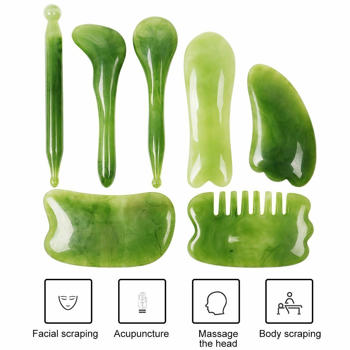 7Pcs Gua Sha Set Natural Resin Quartz Stone Shape Facial Body Massage Board Tool