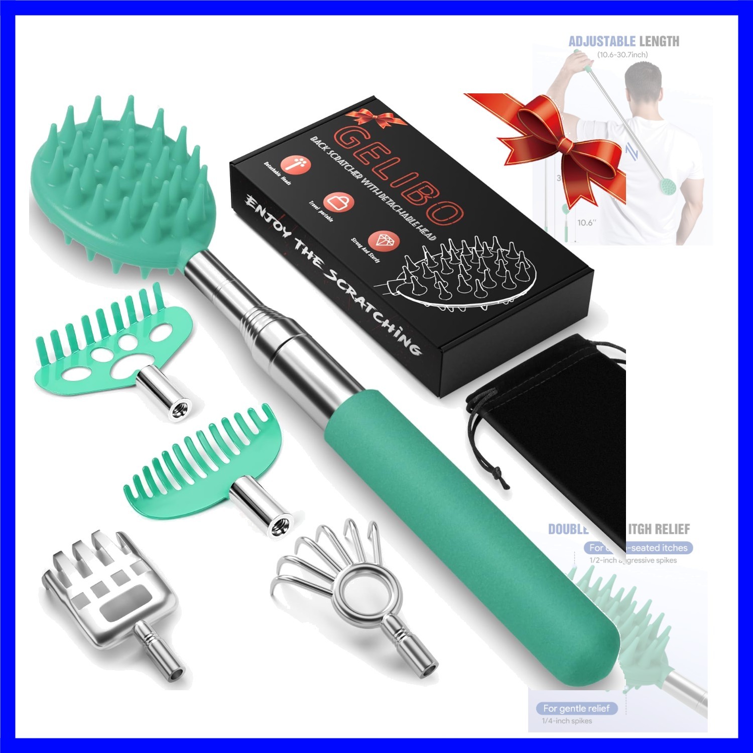 Telescoping Back Scratcher with 5Pcs Detachable Heads, Extendable Back Massag…