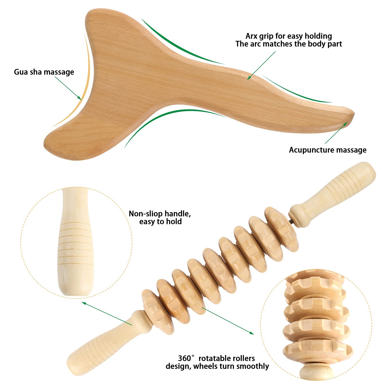 2 Pcs Wooden Gua Sha Tools Lymphatic Drainage Tool, Machomby Wood Therapy A