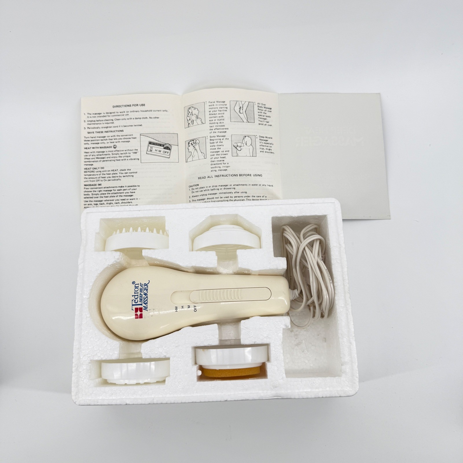 Tedron Deep Heat Massager Cream Solid Plastic 4 Attachments Boxed
