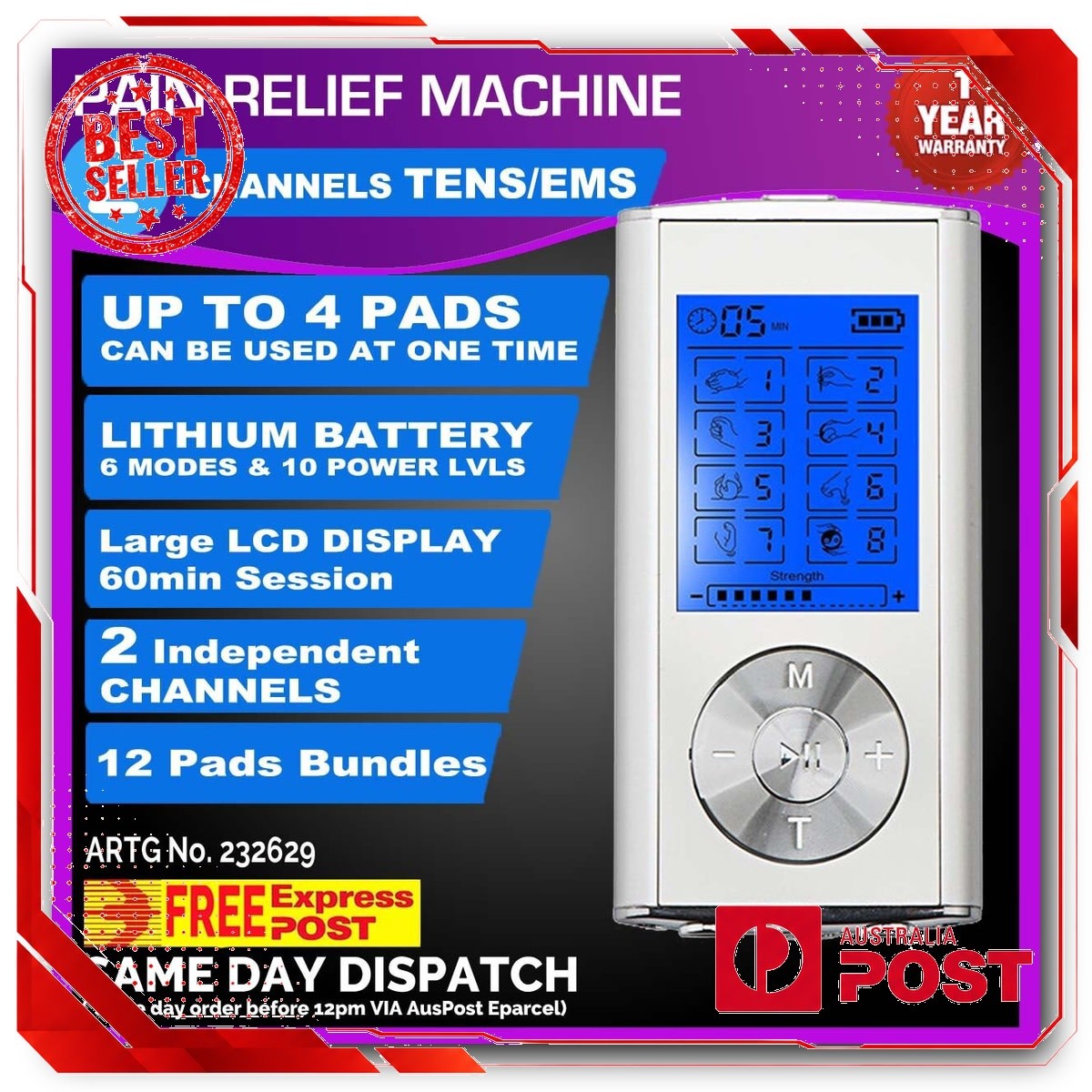 Dual Channel TENS Machine for Pain Relief + 8 Pads for Muscle Therapy