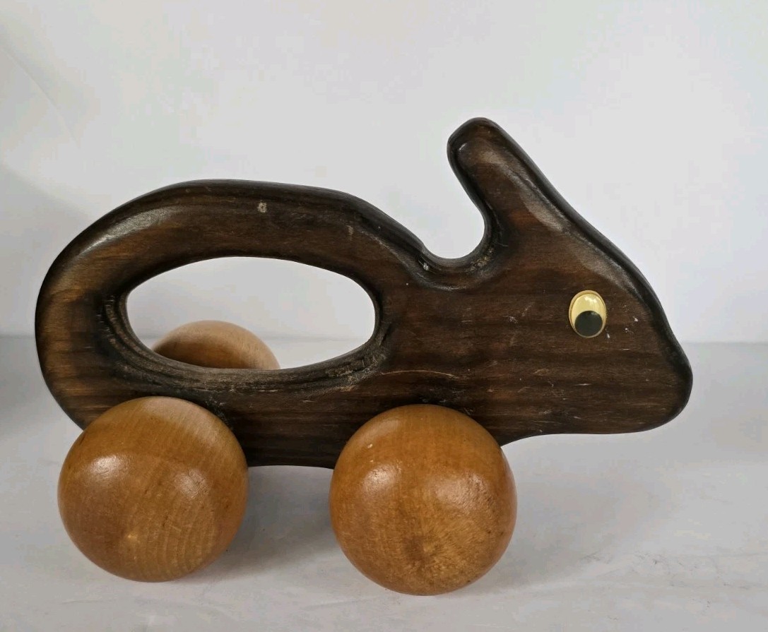 Vintage – 9″ Wooden Massager, Solid Handheld Bunny w/ Roller Wheels