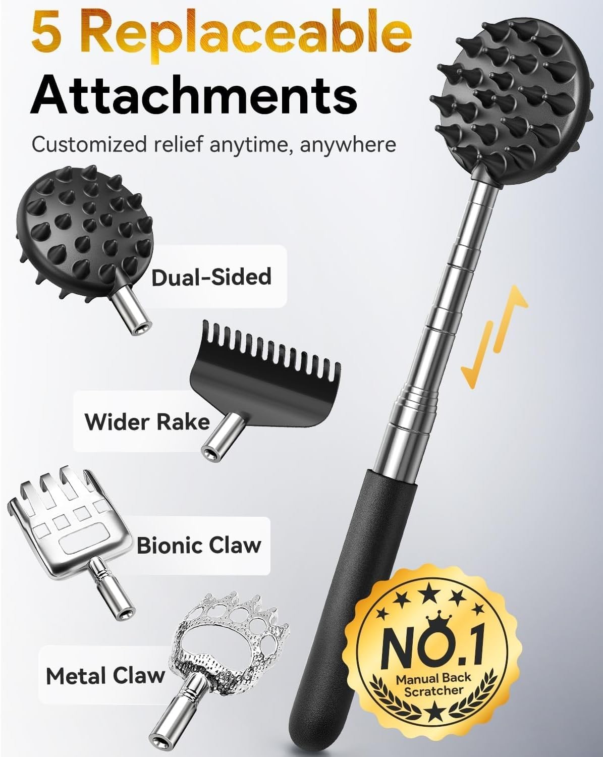 TUKUOS Telescoping Back Scratcher 5 in 1 Detachable Heads Gift