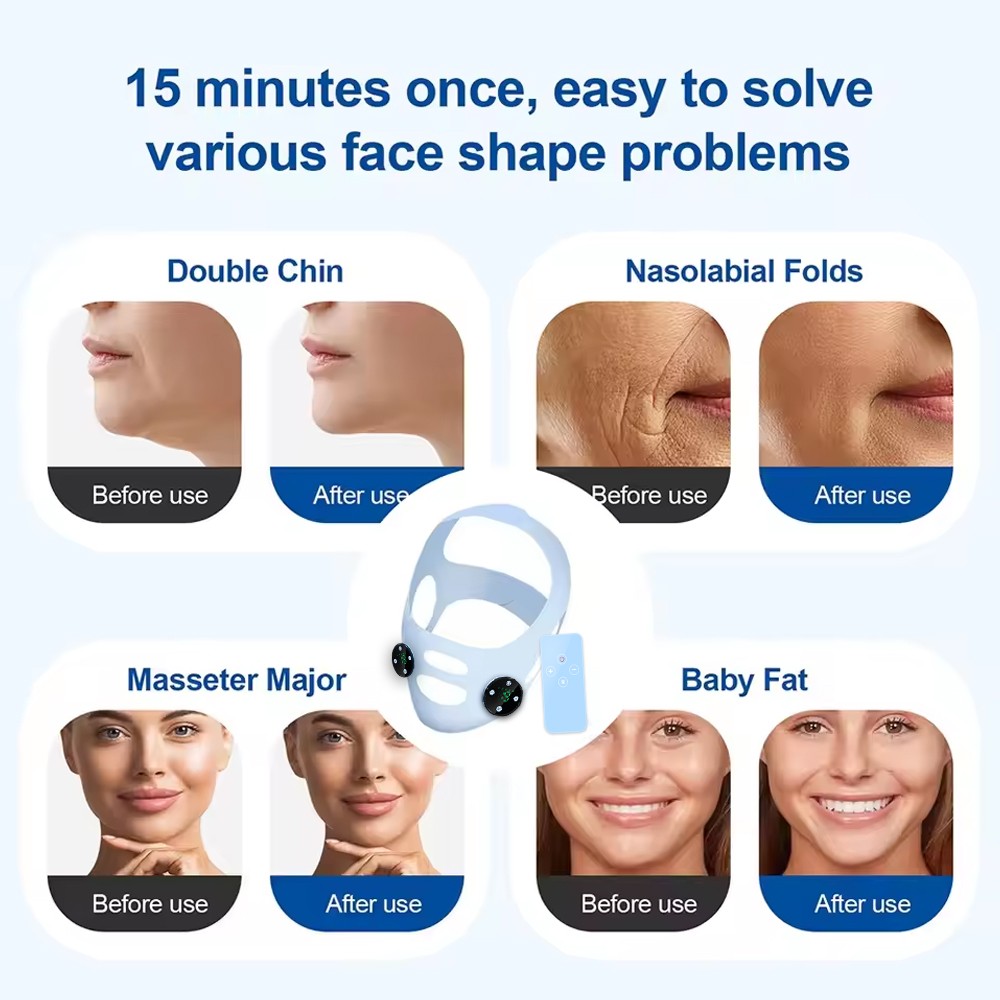 EMS Facial Massager Mask Microcurrent V Line Strap 8 Modes 19 Levels Remote