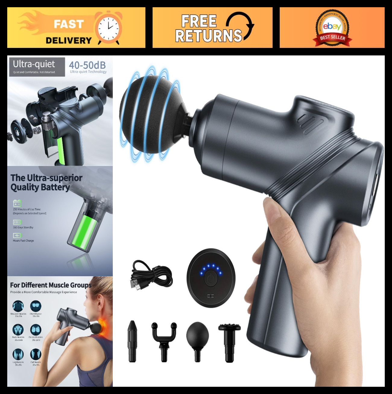 Portable Deep Tissue Massage Gun – Silent Motor, 4 Heads for Muscle Relief & Rel