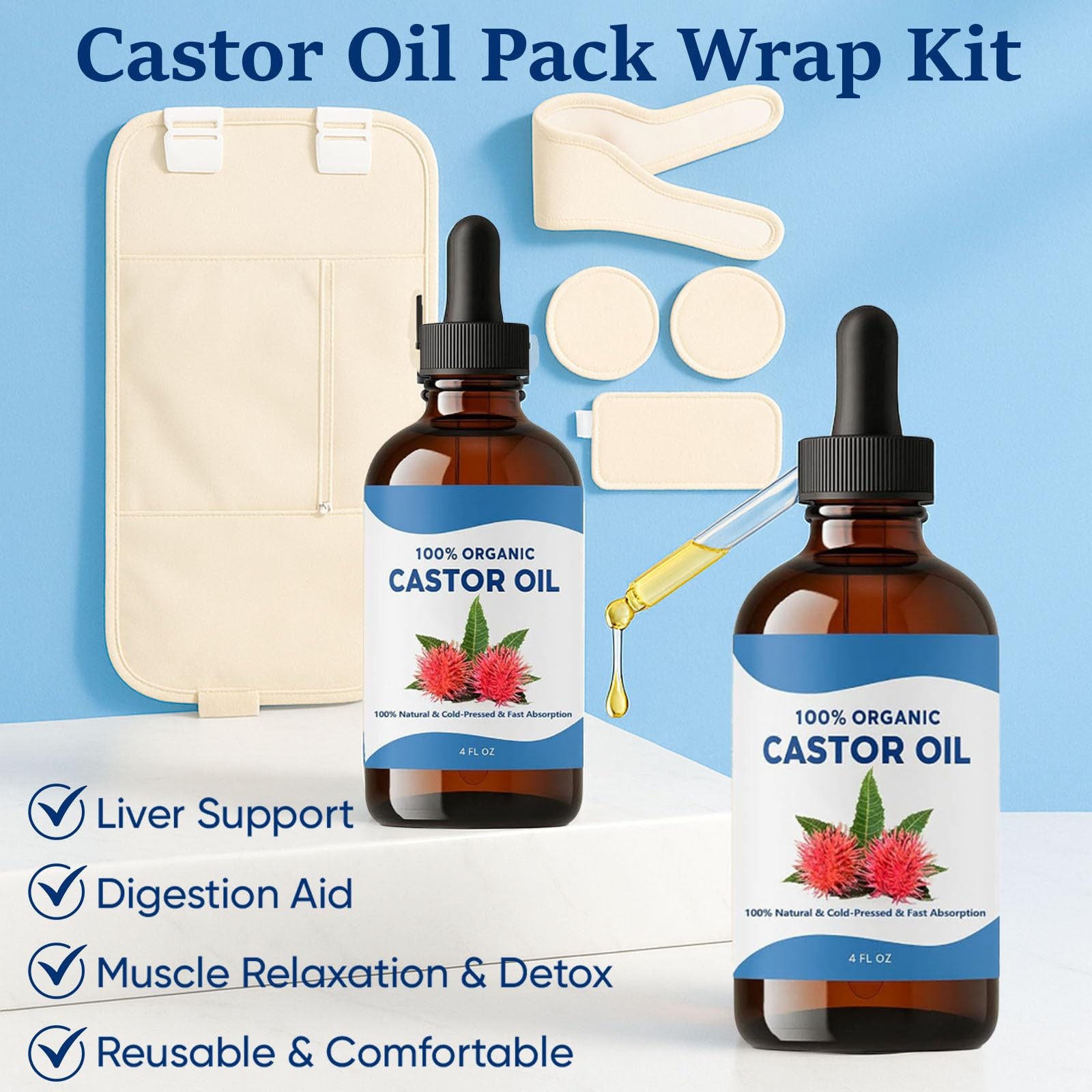 Tavio Castor Oil Pack, Organic Cotton Castor Oil Pack Wrap Kit, Wellness Pack…