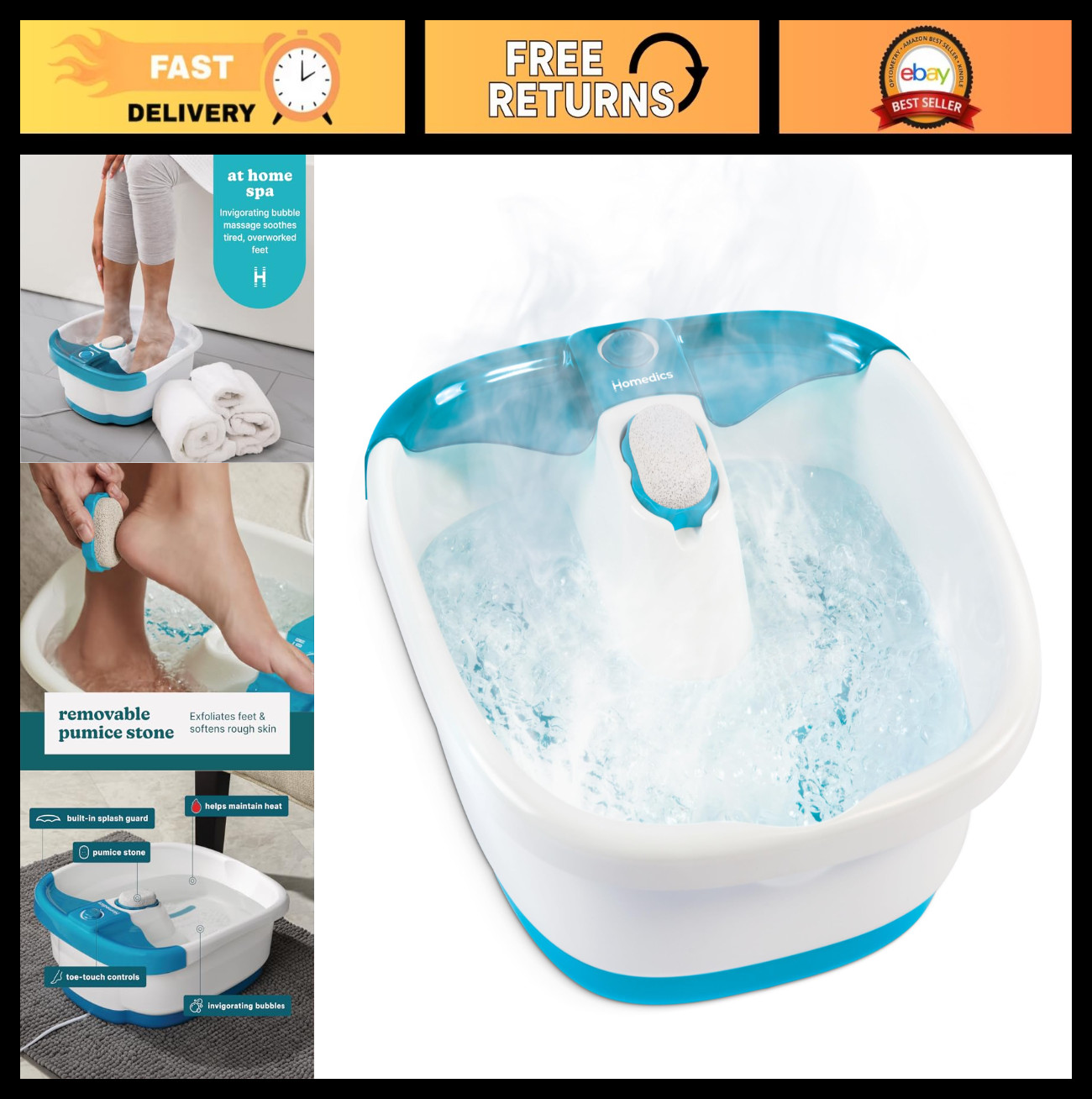 Invigorating Bubble Foot Spa with Toe Touch Control, Massage Nodes & Pumice Ston