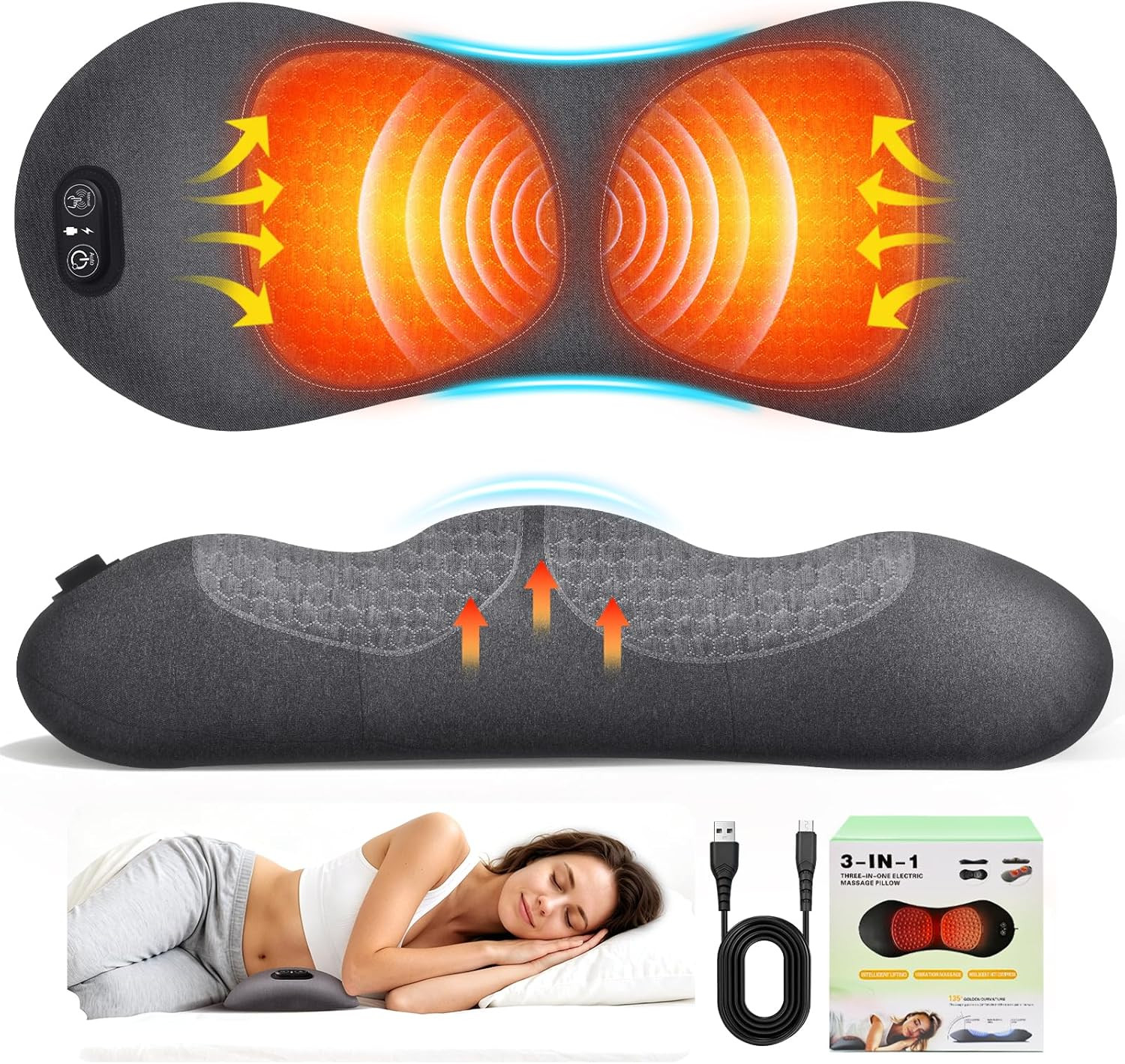 3-In-1 Electric Lumbar Support Pillow,Triple Fusion Back Massager with Heat,Vibr