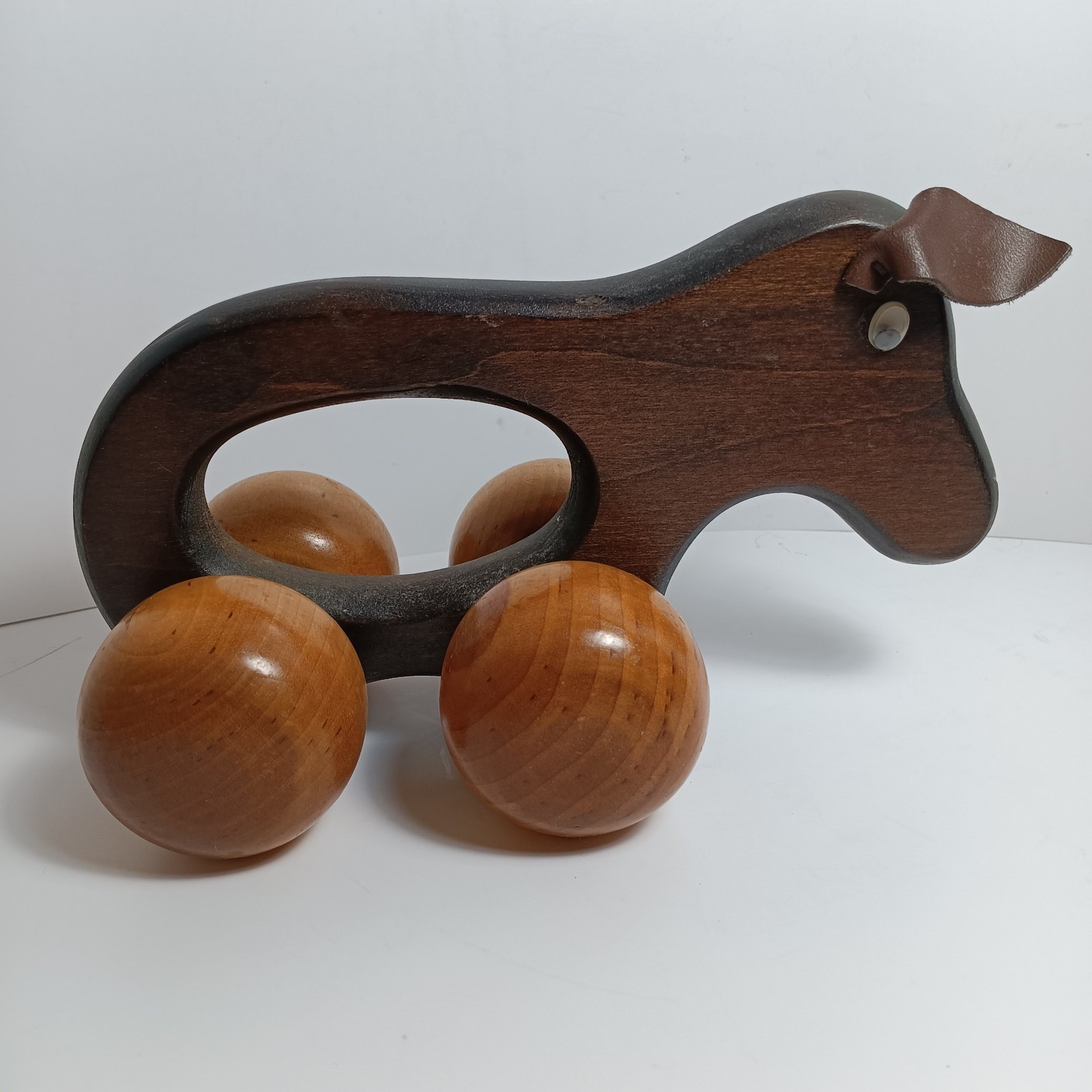 Rolling Hand Held Back Massager Cute Wooden Animal with Leather Ears