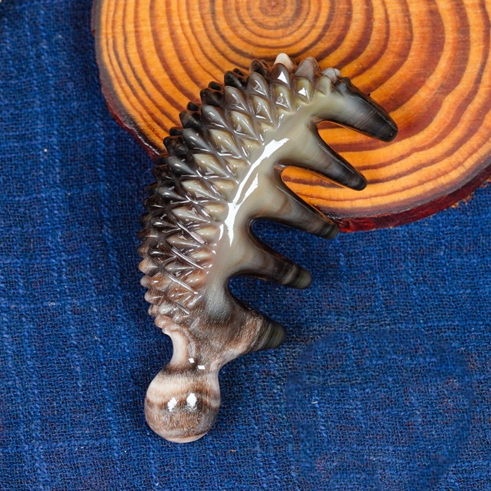 Natural White Buffalo Horn Black Diamond Hedgehog Five-tooth Comb Gua Sha Tool