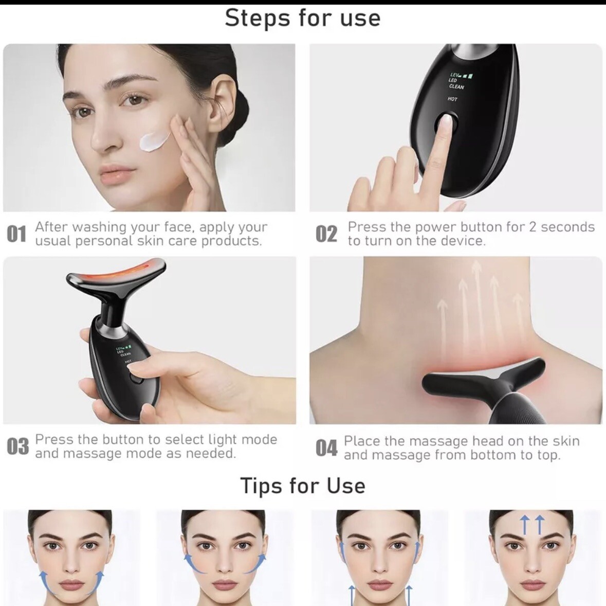 Neck Face Lifting Massager Skin Tighten Device LED and Anti Wrinkle Double Chin+