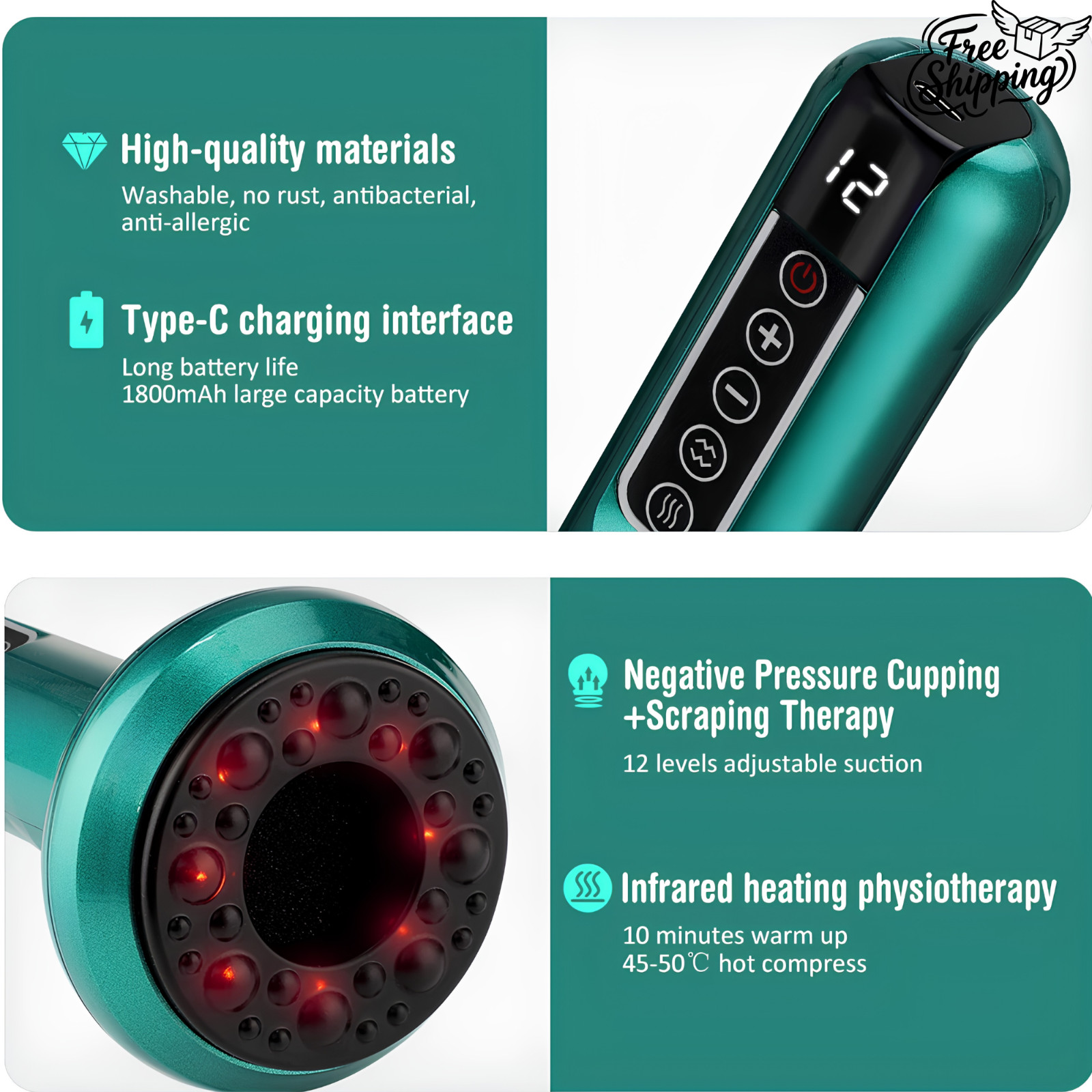 12-Level Electric Vacuum Cupping Massager with Heat Rechargeable Body Scraper