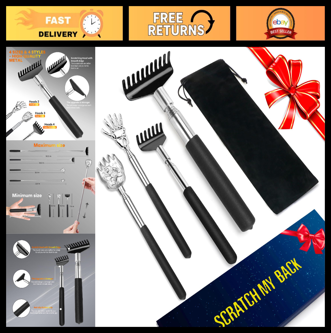 Telescoping Stainless Steel Back Scratcher 4-Pack for Adults & Seniors – Portabl