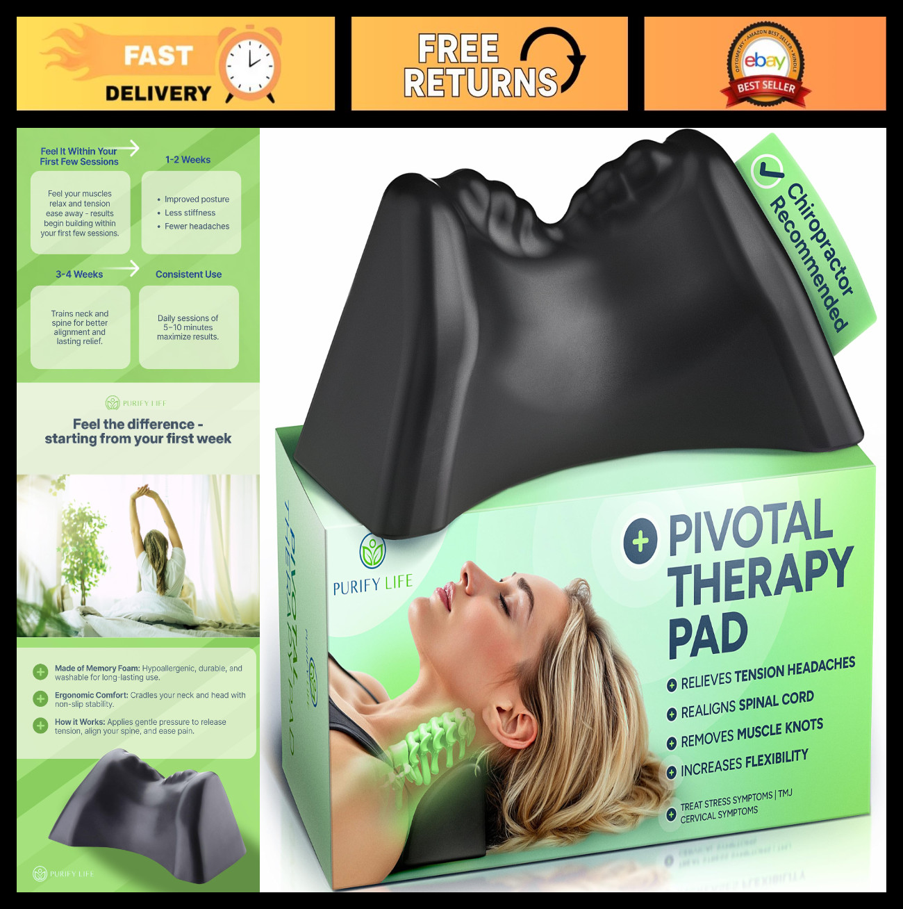 Cervical Traction Pillow & Occipital Release Tool for Neck, Shoulder Pain Relief