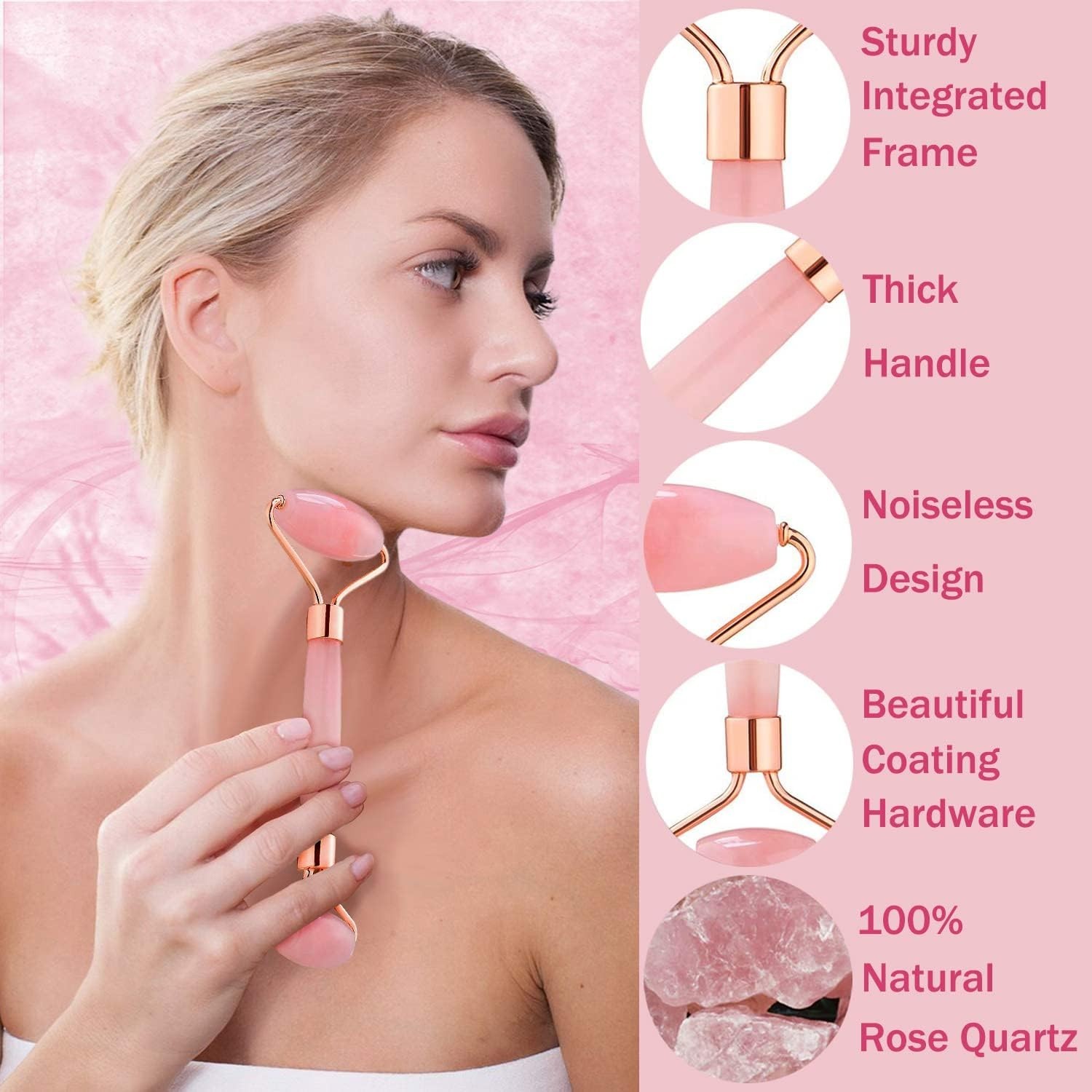 Jade Roller for Face – Rose Quartz Face Roller Skin Care – Stone Facial Rolle…