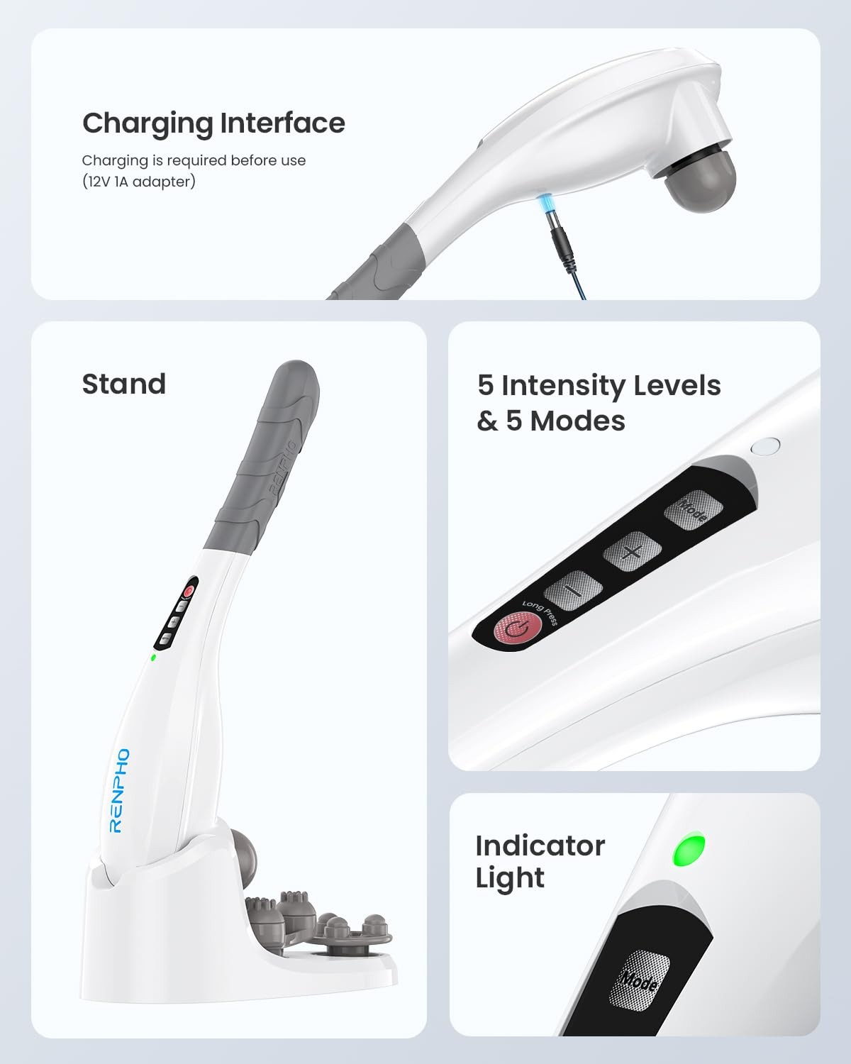 RENPHO Rechargeable Handheld Back Massager, 1 Count (Pack of 1), C-white