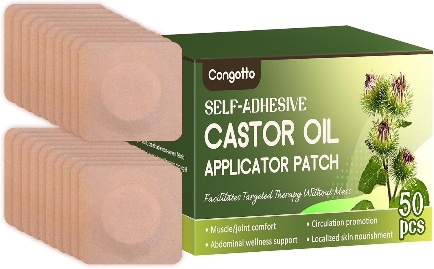 Castor Oil Patches，50PCS Disposable Leak-Proof for Belly Button,Highly Absorbent