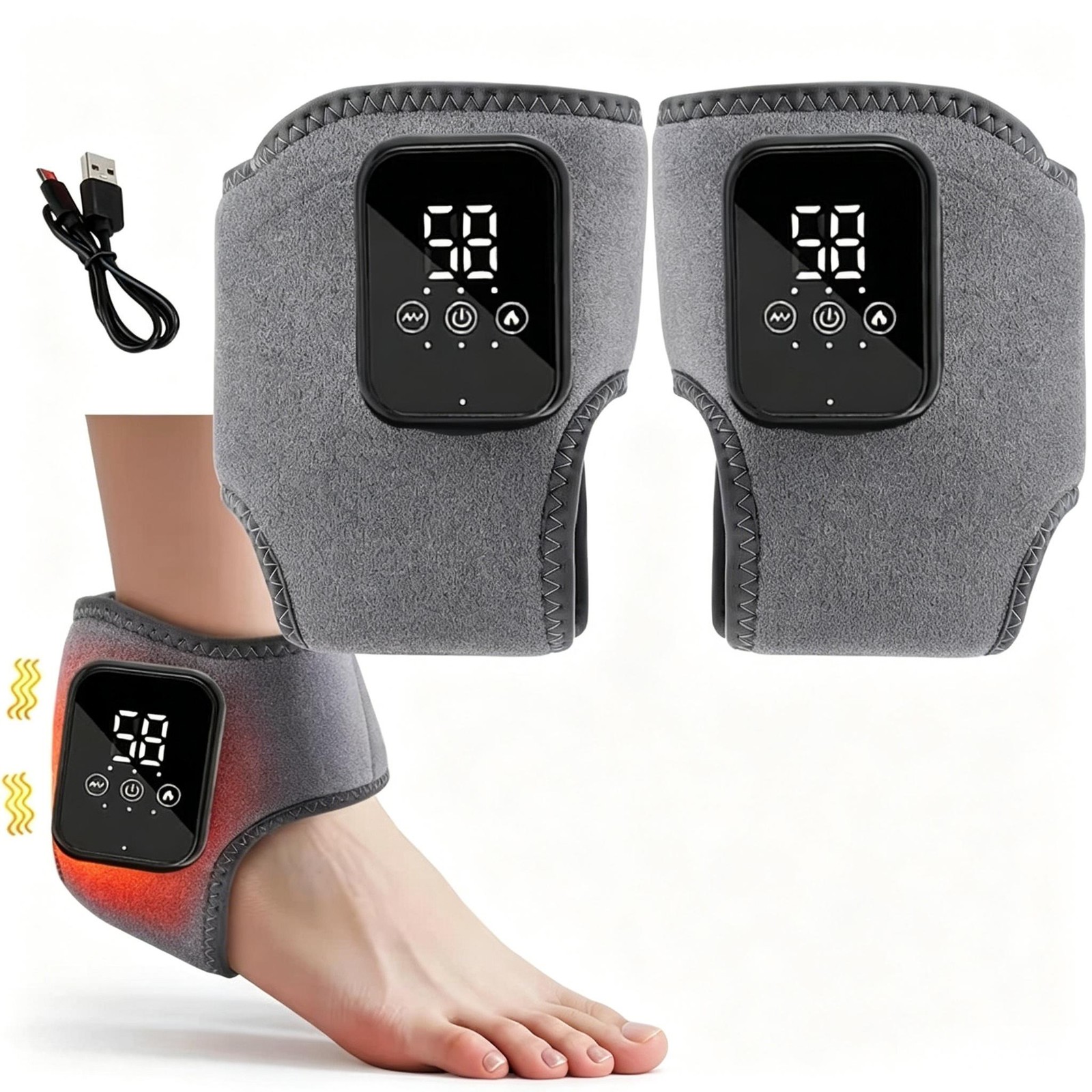 2PCS Foot And Ankle Massager With Heat Portable Heated Wrap 3 Vibration Modes US